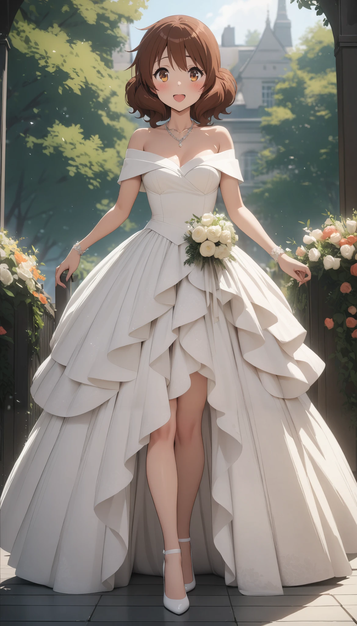 masterpiece, best quality, ultra detailed, highres,4k, 1girl, solo, oumaekumiko, brown hair, brown eyes, blush, happy, layered wedding dress, off the shoulder, necklace, jewelry, standing, heels
