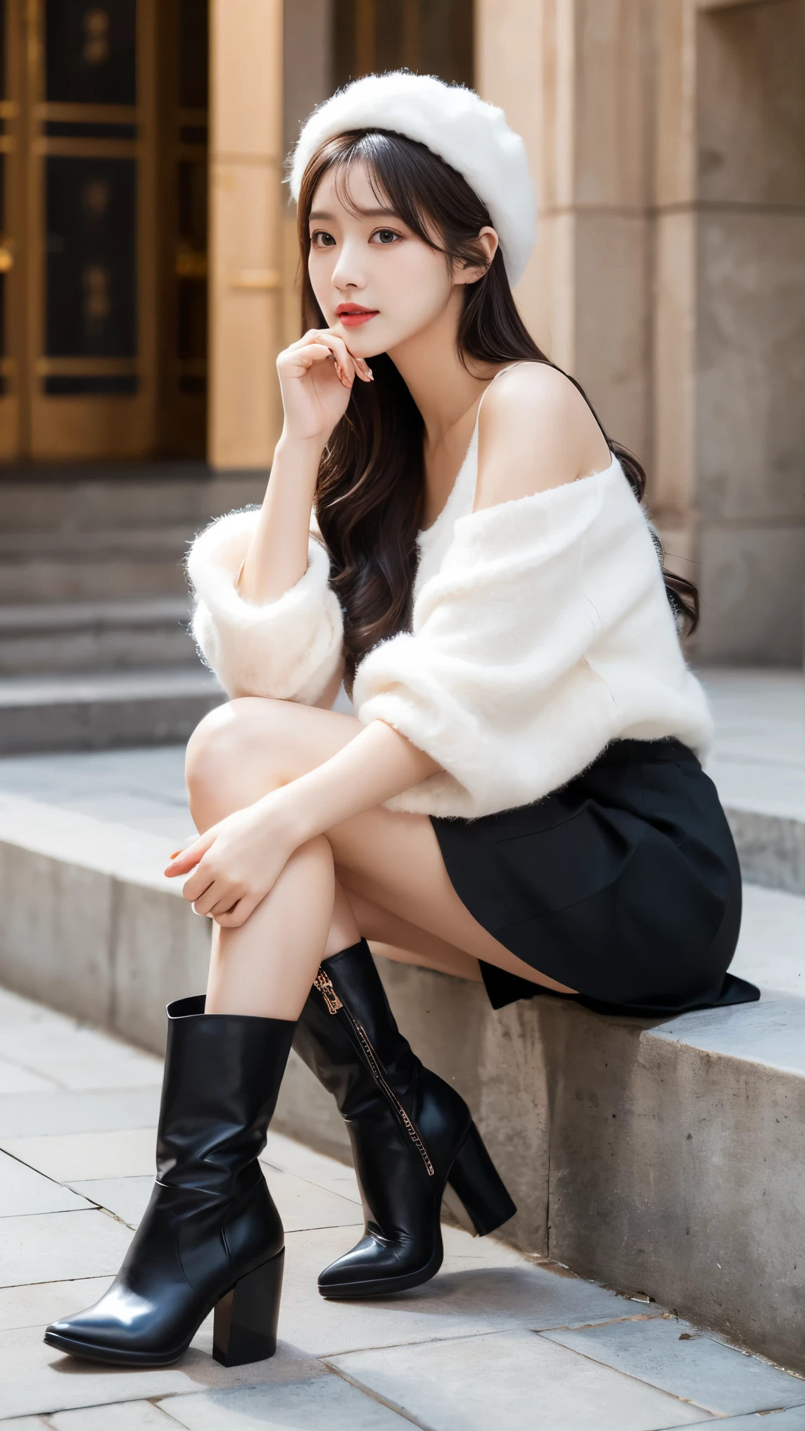 Front Angle, (8K, best quality, masterpiece:1.2), (Practical, photo-Practical:1.37), Extremely detailed, 1 girl, Looking at the audience, Beautiful and detailed sky, Detailed café street, sit, full_Body, Small head, Exquisite necklace, beautiful legs:1.2, Long legs:1.2, Slender legs, High heel:1.3, White socks:1.4, Medium breasts, High waist, Willow Waist, Off-shoulder, belt, Short bottoms, Beautiful and delicate eyes, daytime, Warm colors, White lace, (Long hair:1.4), 银色中Long hair, White skin, light, Street Lights, (Tea table:1), (handbag:1), ulzzang-6500-v1.1:0.66,Large Breasts,Smiling