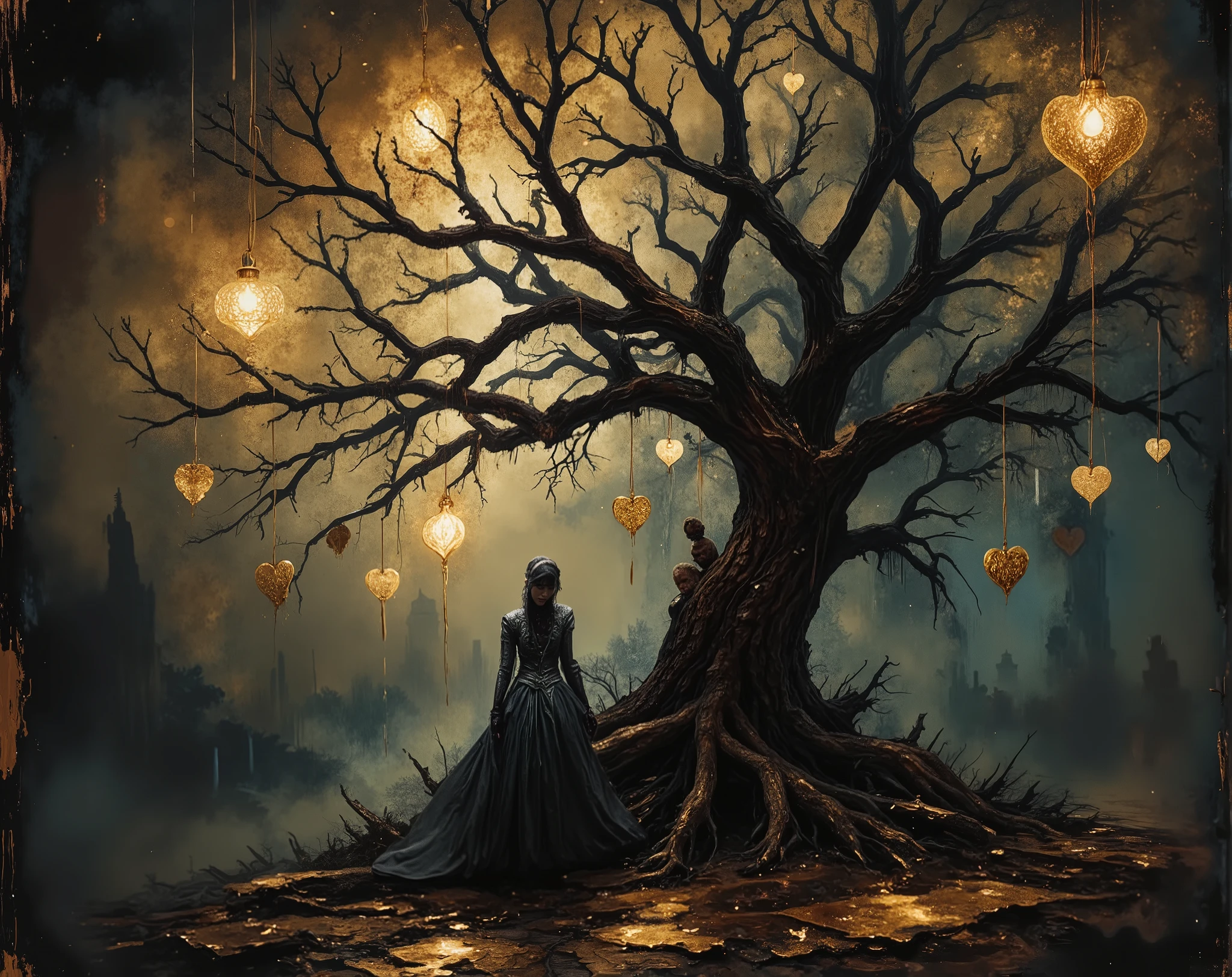 a solitary figure dressed in a flowing black gown, standing underneath a gnarled, leafless tree. The tree is adorned with numerous golden, heart-shaped ornaments that hang delicately from its branches, creating a striking visual contrast against the dark backdrop. The atmosphere is moody and ethereal, with a misty ambiance that enhances the sense of mystery within the scene. double exposure with Renoir brushstrokes, ink splashs