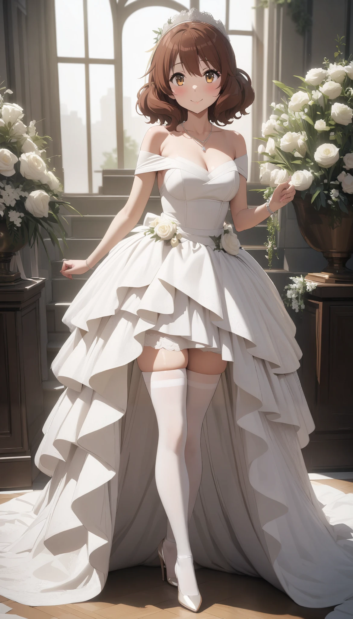 25-year-old woman, Popular actress、Wearing a wedding dress, White Wedding Dress, Wear ultra-realistic white garter stockings、Full body painting, Beautiful feet、