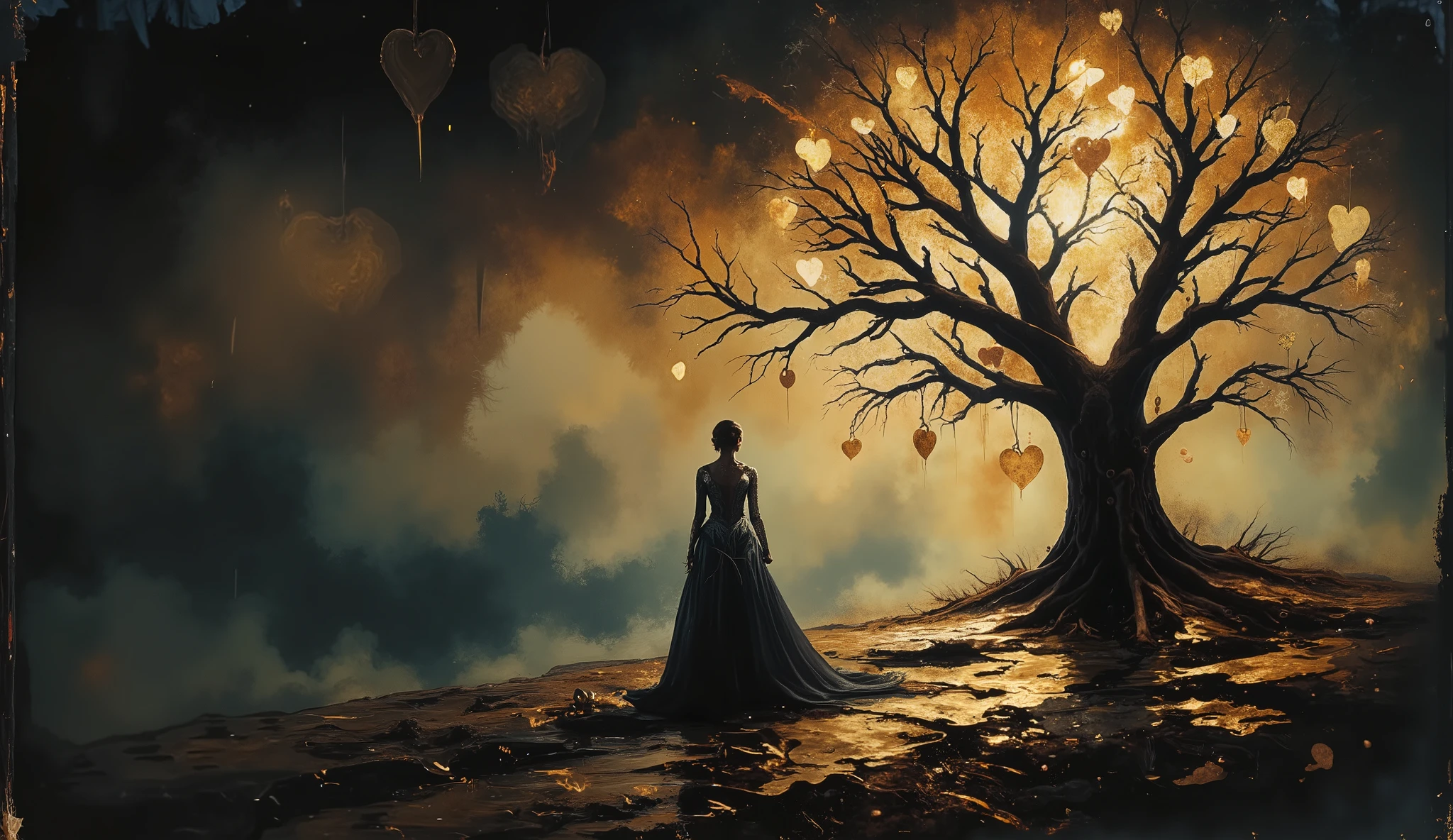 a solitary figure dressed in a flowing black gown, standing underneath a gnarled, leafless tree. The tree is adorned with numerous golden, heart-shaped ornaments that hang delicately from its branches, creating a striking visual contrast against the dark backdrop. The atmosphere is moody and ethereal, with a misty ambiance that enhances the sense of mystery within the scene. double exposure with Renoir brushstrokes, ink splashs