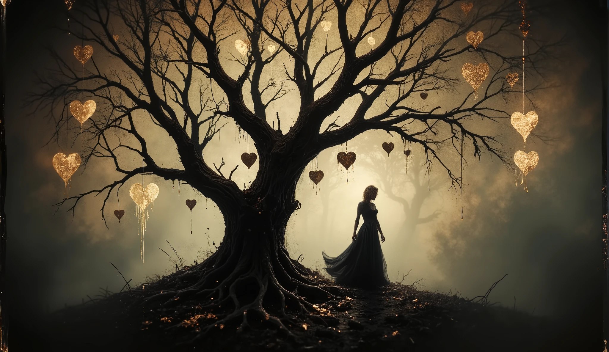 a solitary figure dressed in a flowing black gown, standing underneath a gnarled, leafless tree. The tree is adorned with numerous golden, heart-shaped ornaments that hang delicately from its branches, creating a striking visual contrast against the dark backdrop. The atmosphere is moody and ethereal, with a misty ambiance that enhances the sense of mystery within the scene. double exposure with Renoir brushstrokes, ink splashs