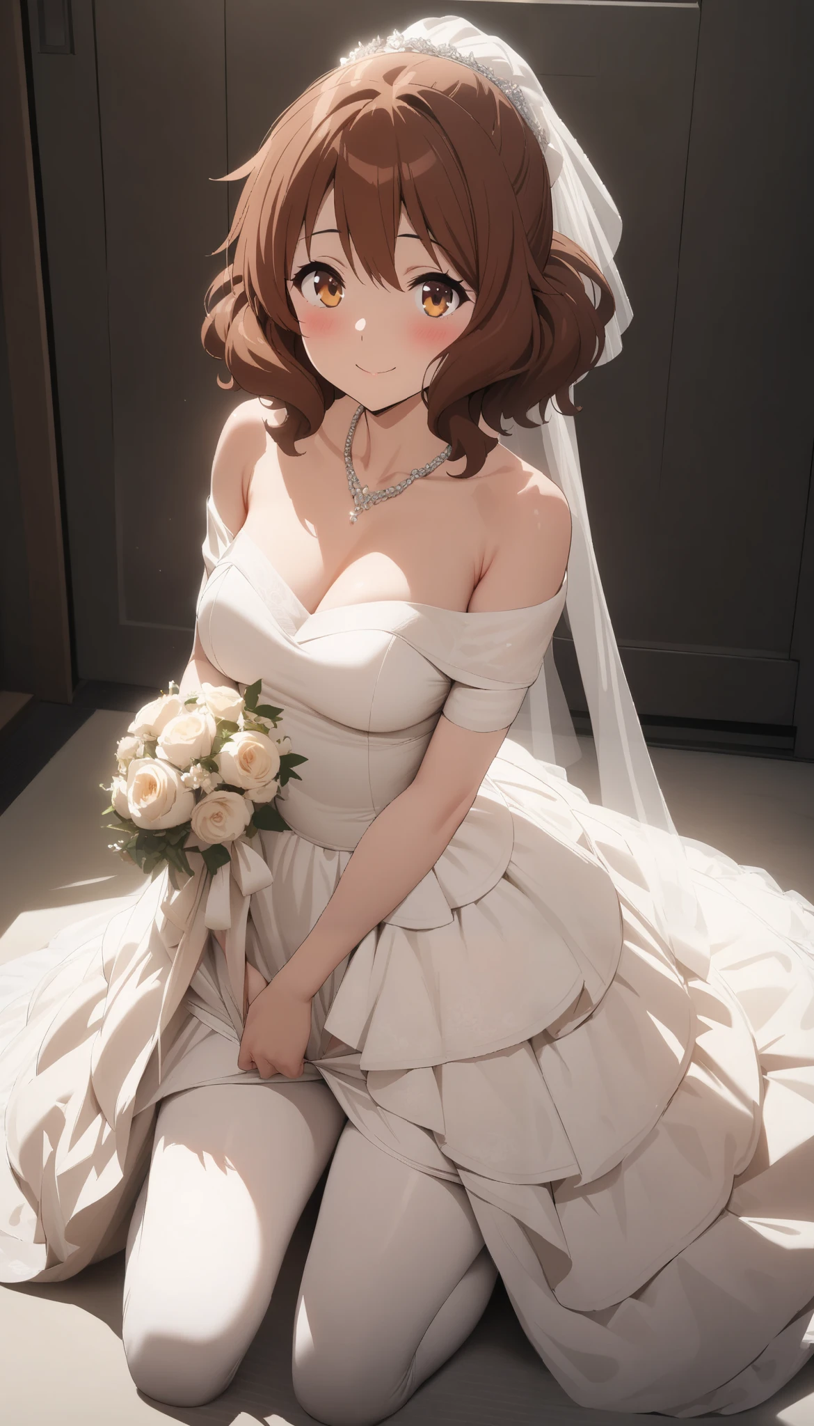masterpiece, best quality, ultra detailed, highres,4k, 1girl, solo, oumaekumiko, brown hair, brown eyes, blush, smile, layered wedding dress, off the shoulder, necklace, jewelry, kneeling