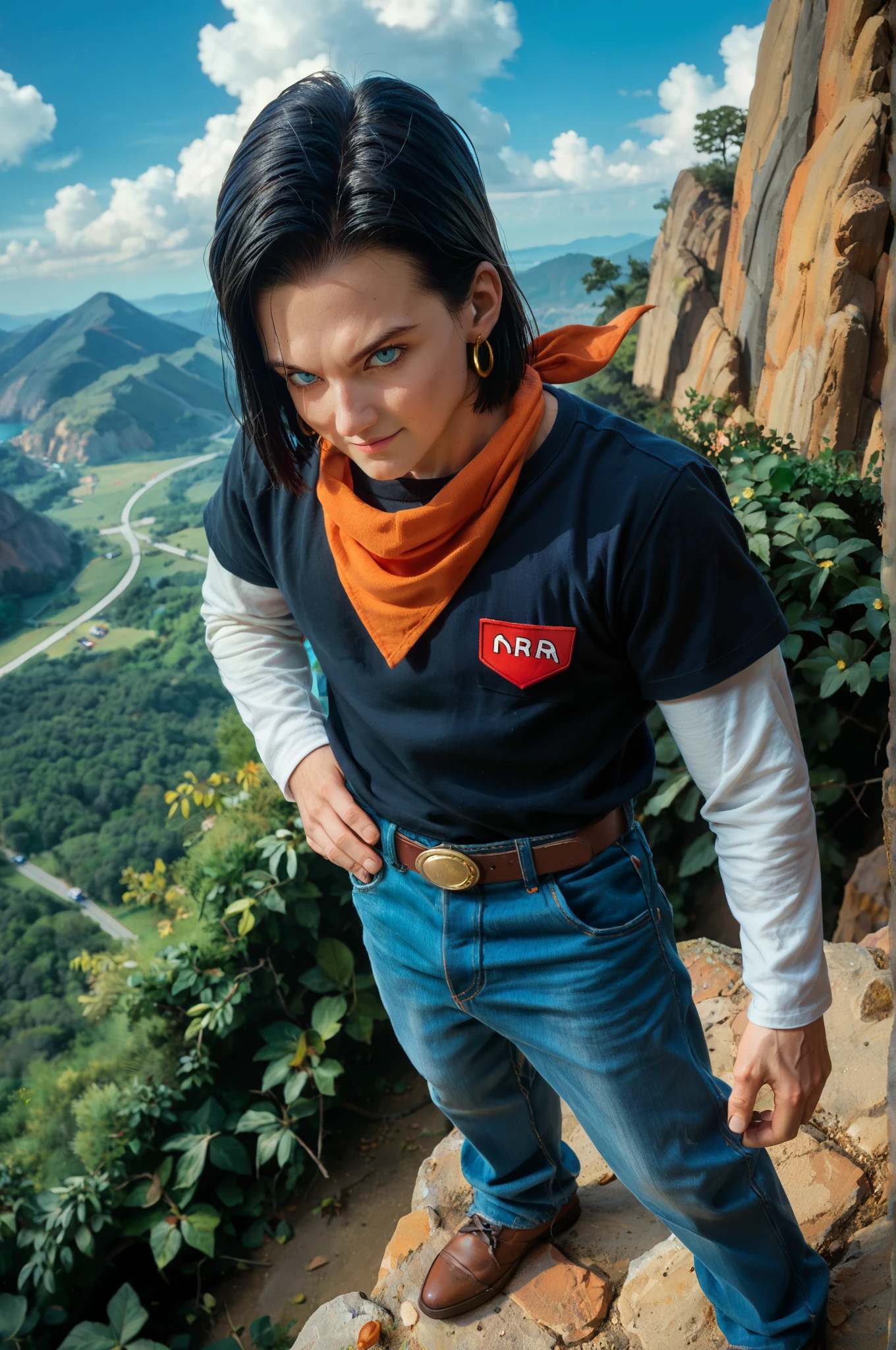 score_9,score_8_above,score_7_above, score_6_above, to break, android ,1 boy, alone,aboveper body,Monte Paozu , blue sky, cloud, A gram, fine mountain , [cliff, bush, outdoor, black hair, short hair, light blue eyes , black t-shirt, LONG SLEEVES ON SHORT SLEEVES, blue denim pants , orange bandana , smile,looking at the spectator, mouth shut, white sleeves,brown stripe, gold belt buckle ,red badge , rr,yellow earrings, (sideways:0.7),