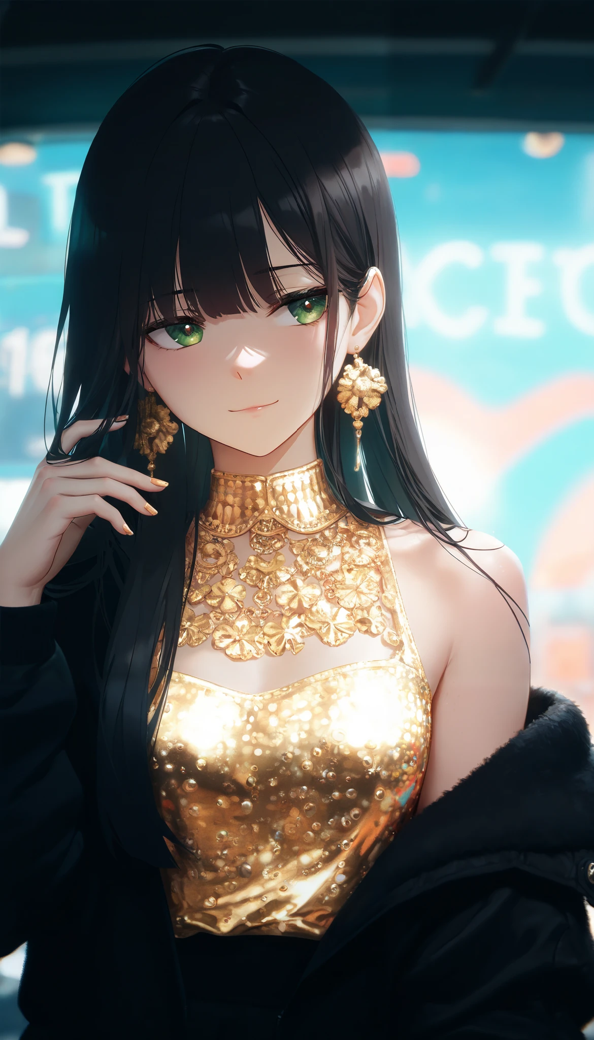 ( masterpiece, best quality), safe, bangs of incredible quality , very aesthetically pleasing , absurdities, highres, newest , HDR-10, 8K, high-detail RAW color art , large pupil , tabs, high-detail RAW color art , impressionism, Focus on the movement , instant capture , Aesthetically Beautiful , beauty of shapes,1 girl (Asian) beautiful, young, in profile,upper half of the body,(Looking at the spectator:1.2),green eyes,Seductive Look,dressed in sequins, bare shoulders,Elegant earrings ,Elegant collar,black and long and straight hair, loose hair, slim body, Natural breasts,nails painted dark blue,slightly shiny lips, half smile ,curling her hair, Open black jacket ,in the middle of the city of Tokyo with bright signs and people in the background