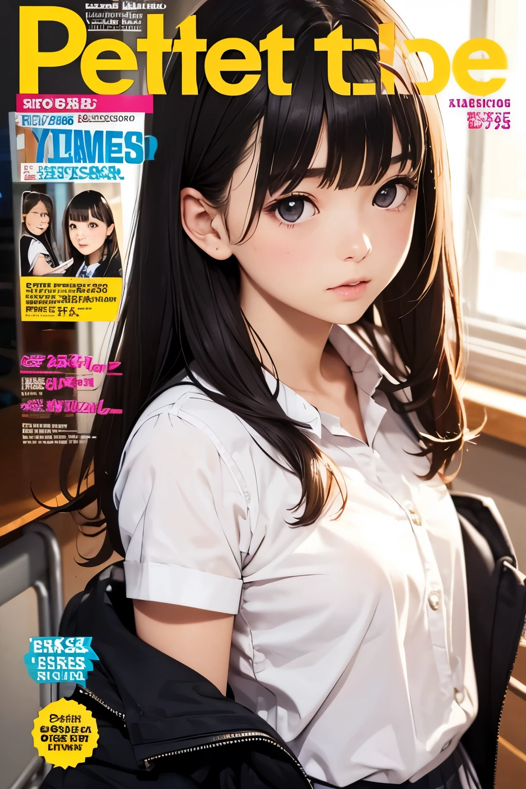masterpiece,girl,petites,pale skin,realistic,Age 15,bangs,school uniform,small breasts,magazine cover,face, beauty