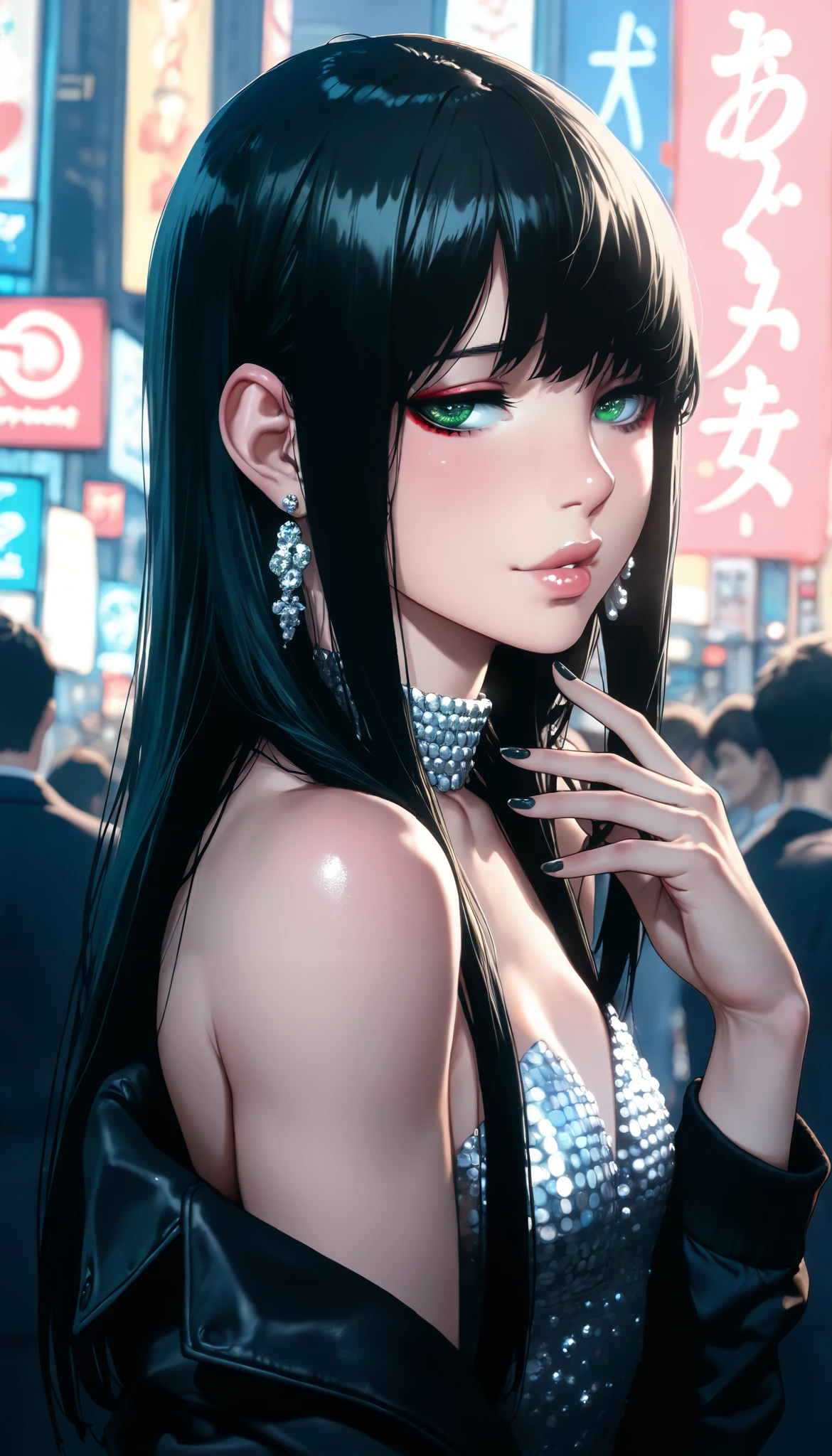 1 girl (Asian) beautiful, young,in profile,upper half of the body,(Looking at the spectator:1.2),green eyes,Seductive Look,dressed in sequins, bare shoulders,Elegant earrings ,Elegant collar,black and long and straight hair, loose hair, slim body, Natural breasts,nails painted dark blue,slightly shiny lips, half smile ,curling her hair, Open black jacket ,in the middle of the city of Tokyo with bright signs and people in the background, beautiful, aesthetics, Perfect , Delicate, intricate, (linda, adorable), ( perfect female shape , rostro Perfect , Thick lips , bright lips , half-open lips , ojos expresivos, eyeliner ), ( long straight black hair )
