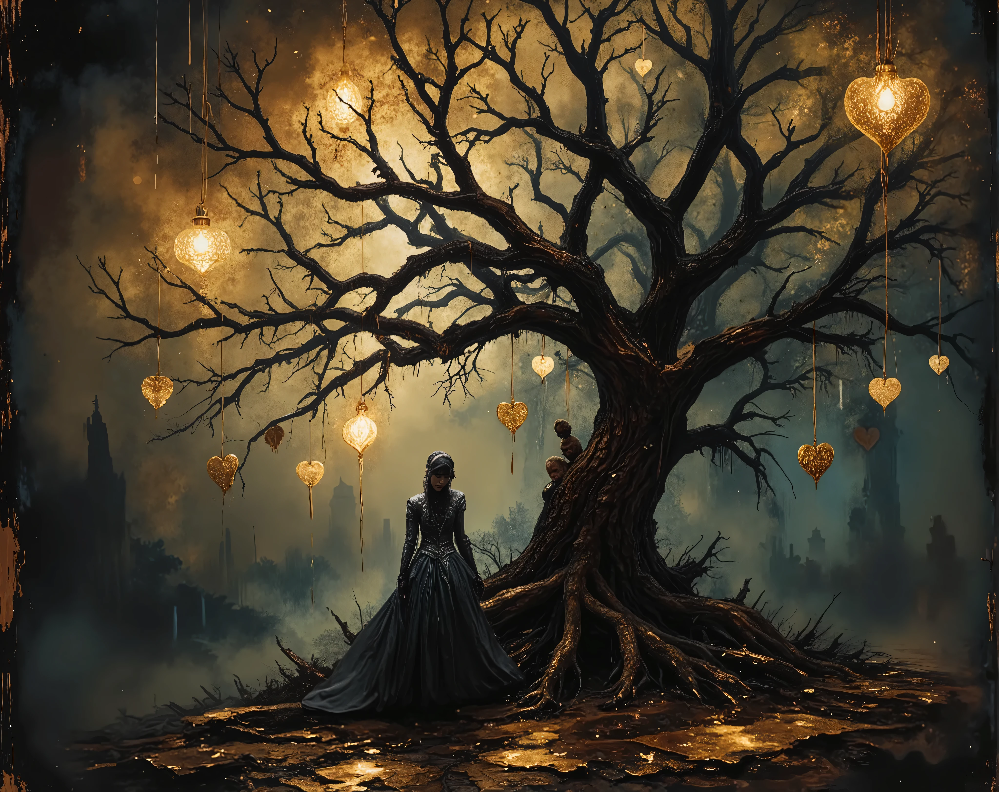 a solitary figure dressed in a flowing black gown, standing underneath a gnarled, leafless tree. The tree is adorned with numerous golden, heart-shaped ornaments that hang delicately from its branches, creating a striking visual contrast against the dark backdrop. The atmosphere is moody and ethereal, with a misty ambiance that enhances the sense of mystery within the scene. double exposure with Renoir brushstrokes, ink splashs