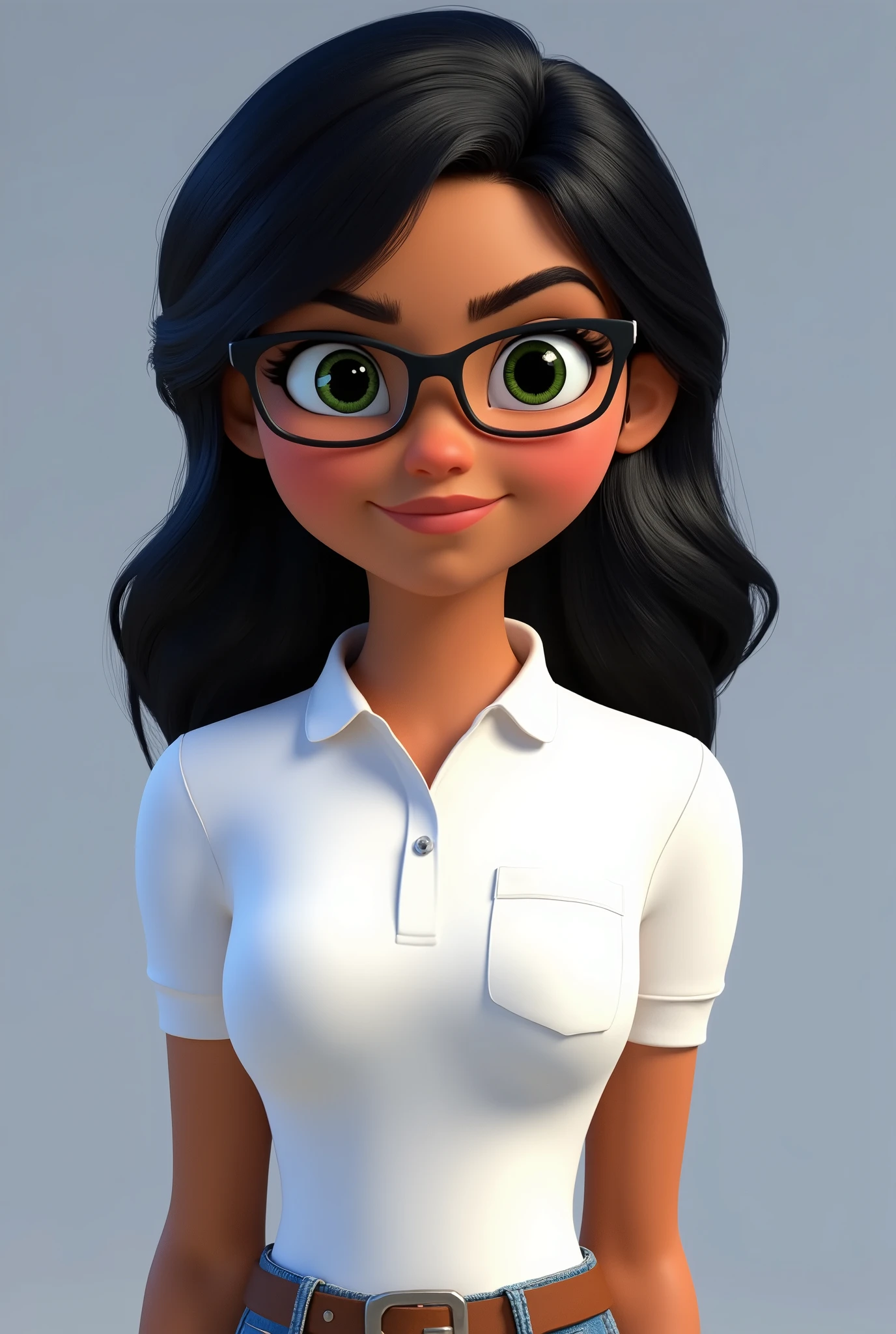 A brown woman around 18 years old, black hair down to her belly, wearing prescription glasses, greenish eyes, dressed with a white polo collar with pocket without details on the chest, pixar style image extending from the waist up