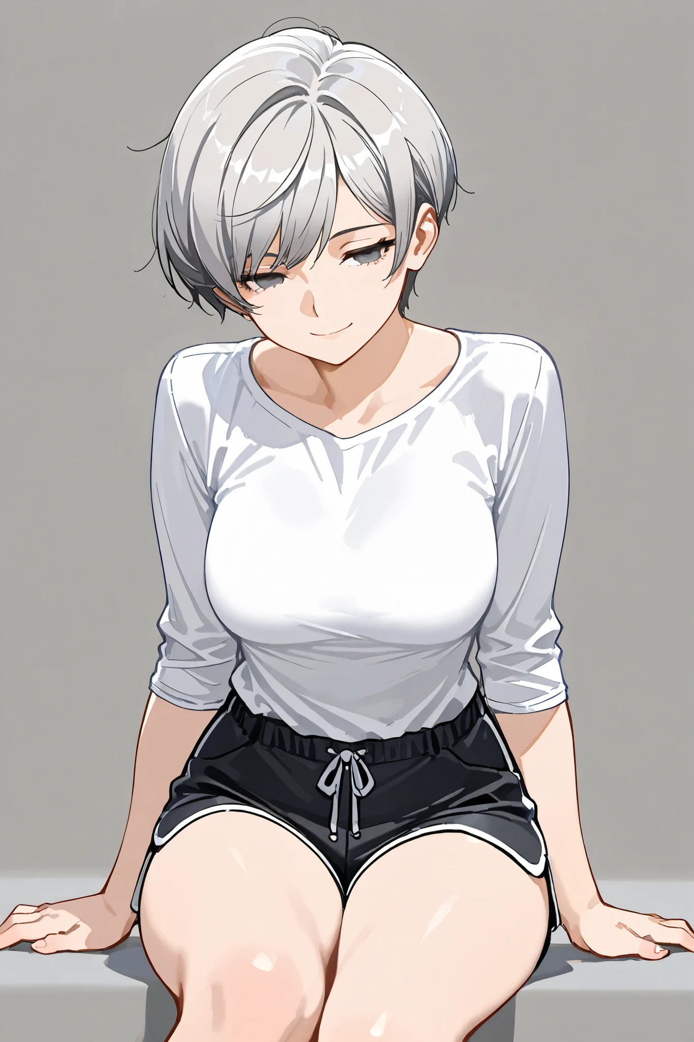 best quality, masterpiece,highest resolution, 1girl, solo, gray hair,pixie cut, expressionless eyes, solitude expression, smile, gray eyes, white shirt, shorts, sitting, gray background, mature