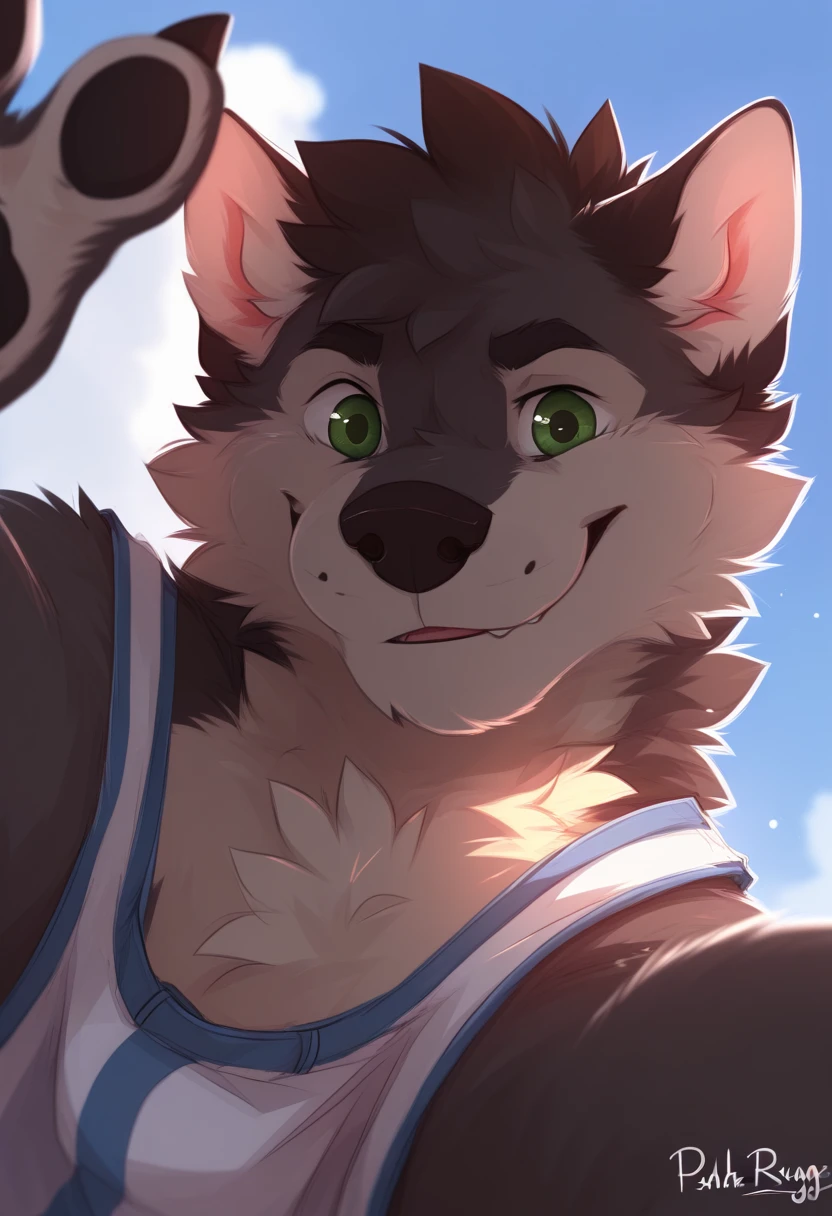 (great quality), lobo, Alone,  Detailed face, detailed body, green eyes , detailed eyes,  short hair, posing, Half focus, (( )) ((perspective pose)), (( fluffy body)),  ((lost expression)),  by Pache Riggs