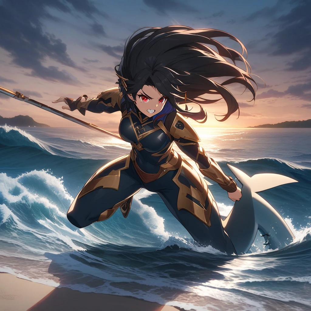 A woman,(Whole human body:1.2)swoop,Smile with,A soothing expression,pphotorealistic,(masterpaintings,top Quority,optimal quality,offcial art),Heavily detailed,Colorful,Most detailed,length hair,black color hair,seas,necklac,sandbeach,chest muscle,Abs,Surfing,Top view angle,D cups,anime girl in a yellow and black outfit riding a surfboard, senna from league of legends, expressing joy. by Krenz Cushart, Official artwork, trending on artstation pixiv, Artgerm and Atey Ghailan, by Yang J, by Krenz Cushart, official anime work, style of anime4 K, cushart kenz