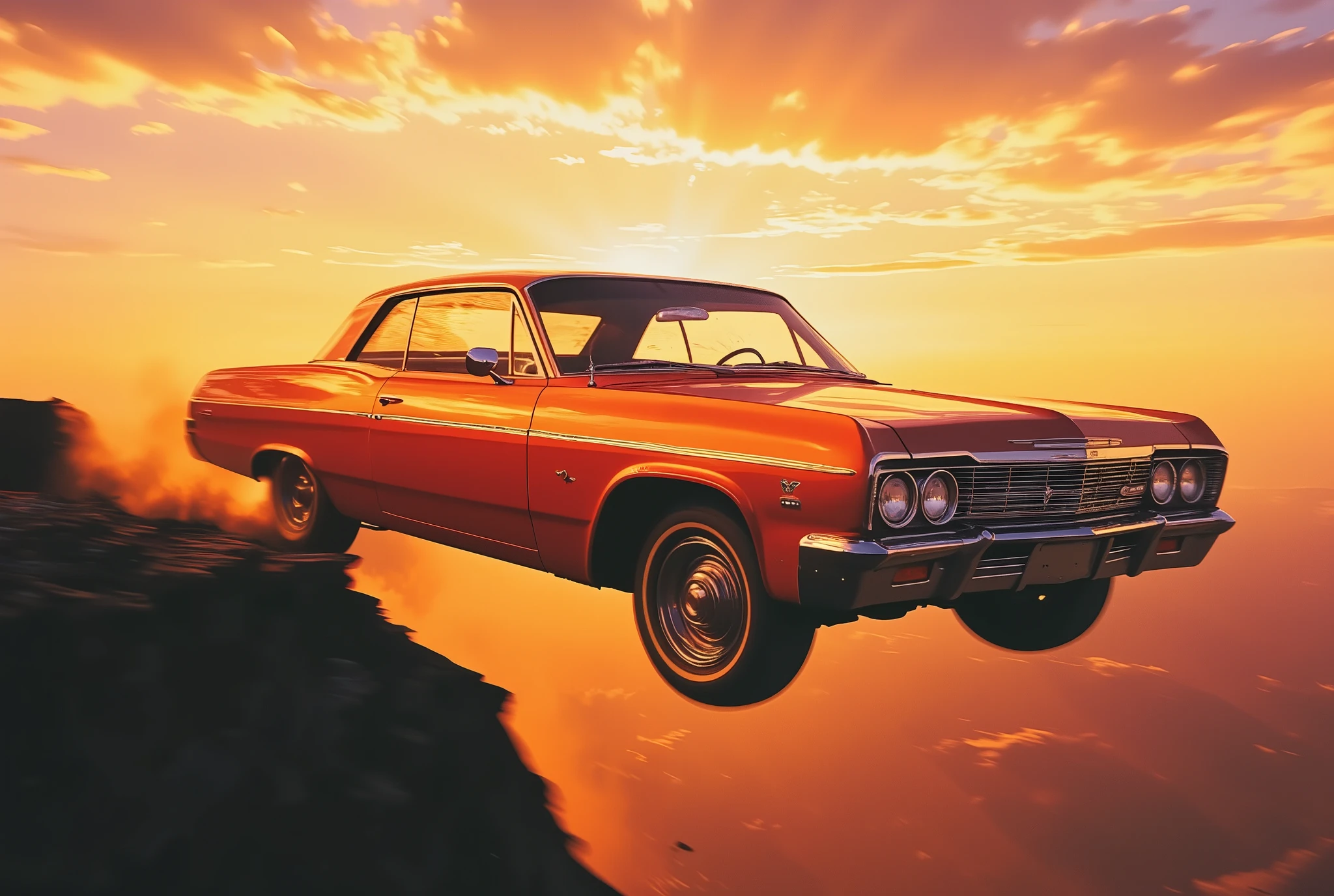1960s American classic car (Chevrolet Impala, metallic orange-red), soaring off a cliff edge, golden sunset light, dramatic motion blur, wheels spinning with dust trails, glowing chrome details, shattered windshield reflections, cinematic depth of field
volcanic cliff edge, vibrant gradient sky (golden yellow to deep purple), scattered cumulus clouds, warm backlighting, lens flare, volumetric rays, ultra-realistic 8K textures
cinematic lighting, hyper-detailed, dramatic angle (low-angle view), dynamic composition, retro-futuristic vibe, Kodak Ektachrome film grain, surreal realism,n30nfilm,silhouette,motion blur lines