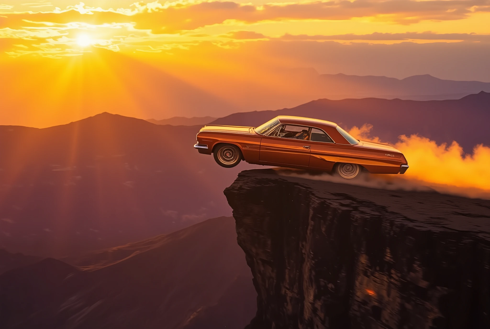 1960s American classic car (Chevrolet Impala, metallic orange-red), soaring off a cliff edge, golden sunset light, dramatic motion blur, wheels spinning with dust trails, glowing chrome details, shattered windshield reflections, cinematic depth of field
volcanic cliff edge, vibrant gradient sky (golden yellow to deep purple), scattered cumulus clouds, warm backlighting, lens flare, volumetric rays, ultra-realistic 8K textures
cinematic lighting, hyper-detailed, dramatic angle (low-angle view), dynamic composition, retro-futuristic vibe, Kodak Ektachrome film grain, surreal realism,n30nfilm,silhouette,motion blur lines
