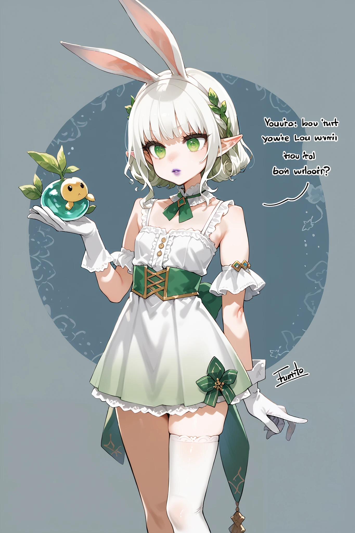 The character presents a style that mixes elements of fantasy and contemporary fashion. She has long, straight hair, of platinum shade, with two tall bunnies. Her eyes have a vivid tone, almost supernatural, with a green tint, and she wears a purple lipstick.

She is characterized by pointed ears, typical of elves or of fantasy. The dress is bold and provocative, consisting in a justified bodice and a short skirt with mesh details. She also wears long gloves, accentuating her look.

The magical elements are suggested by a subtle glow around her, , indicating that she may have special abilities or be involved in a magical theme. The dialogue suggests a fun and light tone, questioning the appropriateness of her dress as a "Princess". The situation is accompanied by a secondary character, that seems to find the situation funny. Albino woman 