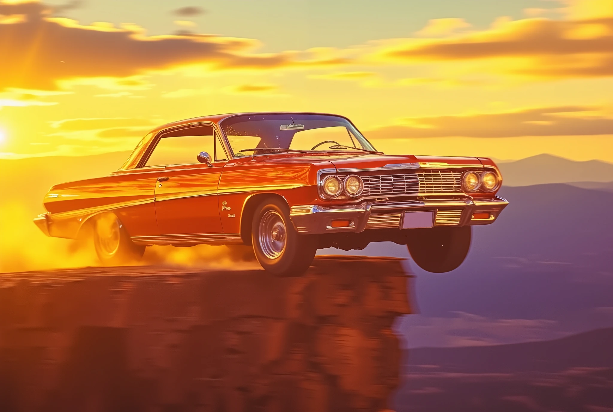 1960s American classic car (Chevrolet Impala, metallic orange-red), soaring off a cliff edge, golden sunset light, dramatic motion blur, wheels spinning with dust trails, glowing chrome details, shattered windshield reflections, cinematic depth of field
volcanic cliff edge, vibrant gradient sky (golden yellow to deep purple), scattered cumulus clouds, warm backlighting, lens flare, volumetric rays, ultra-realistic 8K textures
cinematic lighting, hyper-detailed, dramatic angle (low-angle view), dynamic composition, retro-futuristic vibe, Kodak Ektachrome film grain, surreal realism,n30nfilm,silhouette,motion blur lines
