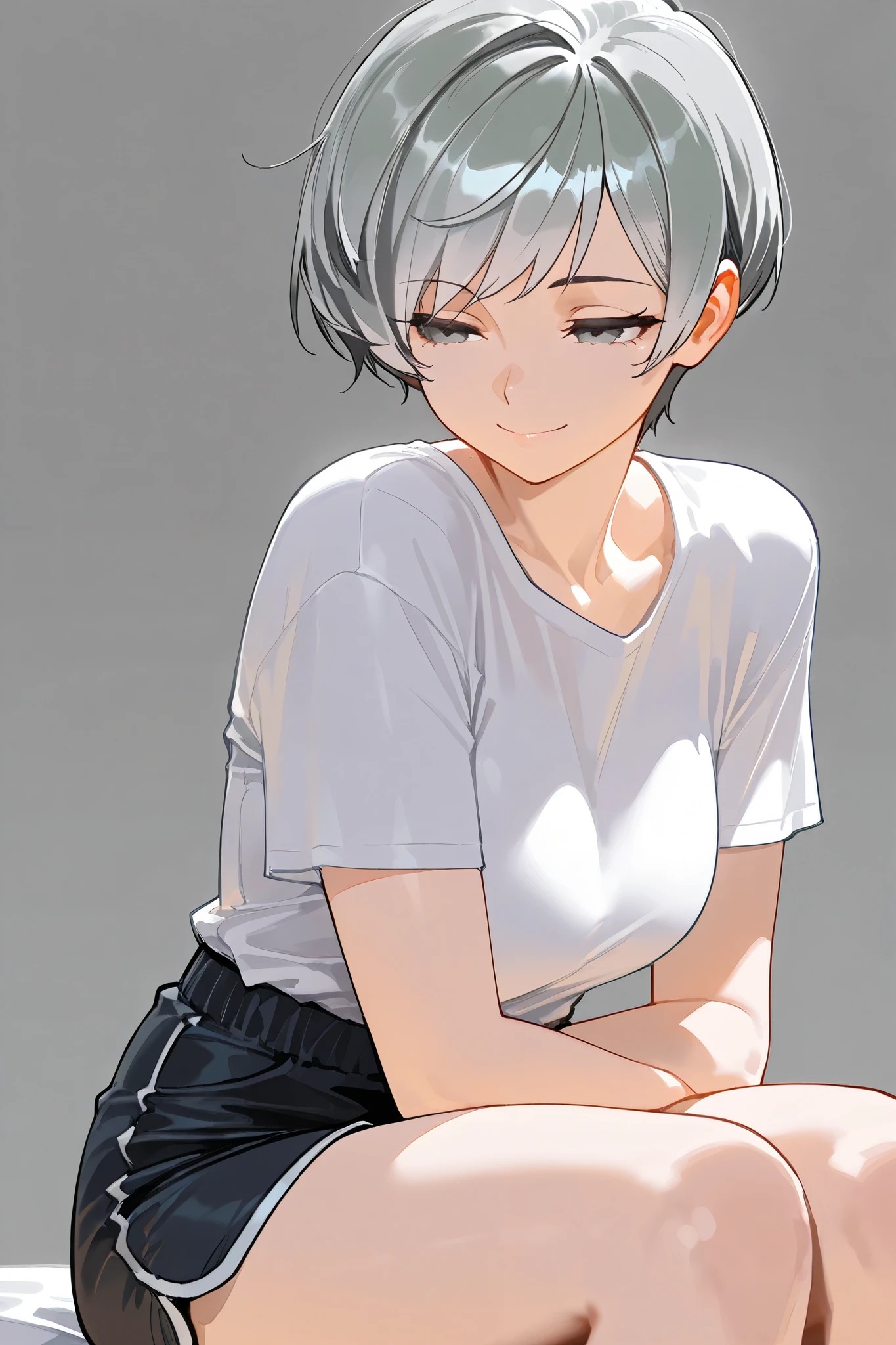 best quality, masterpiece,highest resolution, 1girl, solo, gray hair,pixie cut, expressionless eyes, solitude expression, smile, gray eyes, white shirt, shorts, sitting, gray background, mature, depression
