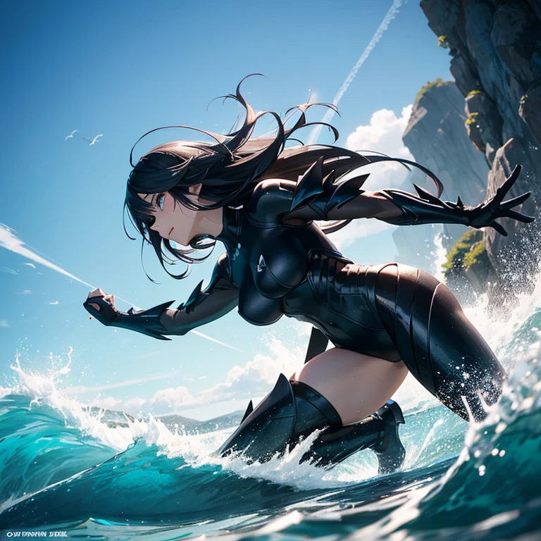 A woman,(Whole human body:1.2)swoop,Smile with,A soothing expression,pphotorealistic,(masterpaintings,top Quority,optimal quality,offcial art),Heavily detailed,Colorful,Most detailed,length hair,black color hair,seas,necklac,sandbeach,chest muscle,Abs,Surfing,Top view angle,D cups,anime girl in a yellow and black outfit riding a surfboard, senna from league of legends, expressing joy. by Krenz Cushart, Official artwork, trending on artstation pixiv, Artgerm and Atey Ghailan, by Yang J, by Krenz Cushart, official anime work, style of anime4 K, cushart kenz