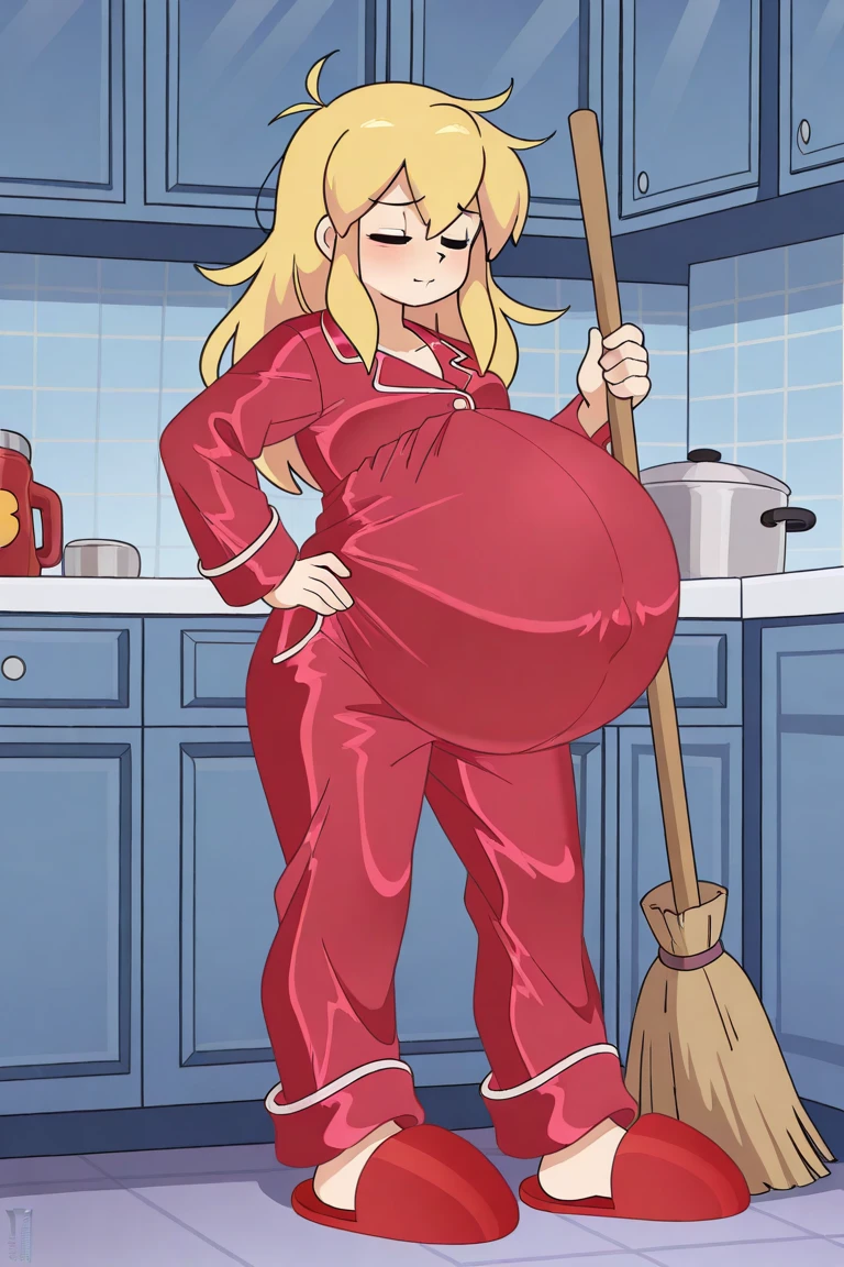 art by kipteitei, ((Masterpiece, best quality, perfect lighting, amazing shading)), perfect anatomy, field of depth, extremely beautiful, long blonde hair, hair ribbons, green eyes, ribbed sweaterdress, leggings, cute smile, (chubby), (cowboy shot), (cute pose), bedroom background, detailed background