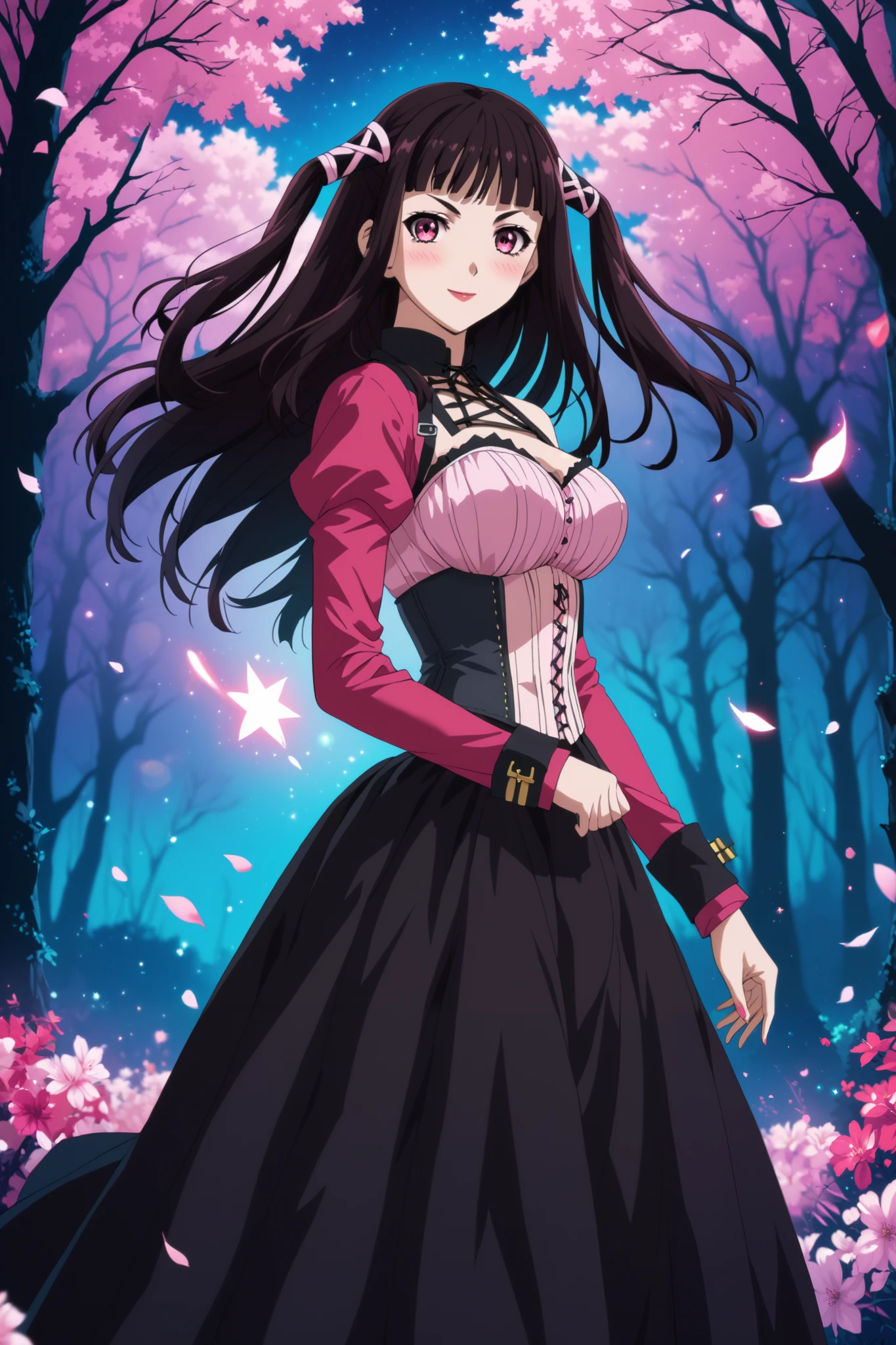 score_9, score_8_up, score_7_up, source_anime, (perfect anatomy), ruby toujou, long hair, black hair, pink eyes, two side up, bangs, blunt bangs, large breasts, detached sleeves, corset, skirt, black skirt, long skirt, blush, smile, dynamic pose, wind, stars sky, forest, night, from side, looking at viewer, solo, portrait,