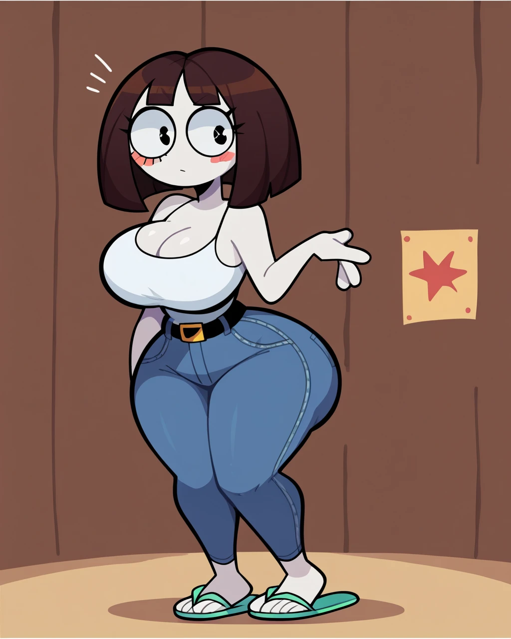  A beautiful girl, huge chest, soft straight hair, her brown eye, wears a shiny black bra, a golden corset, a navel and a pair of jeans, huge thighs, sexy legs, net socks, a black shoe. 