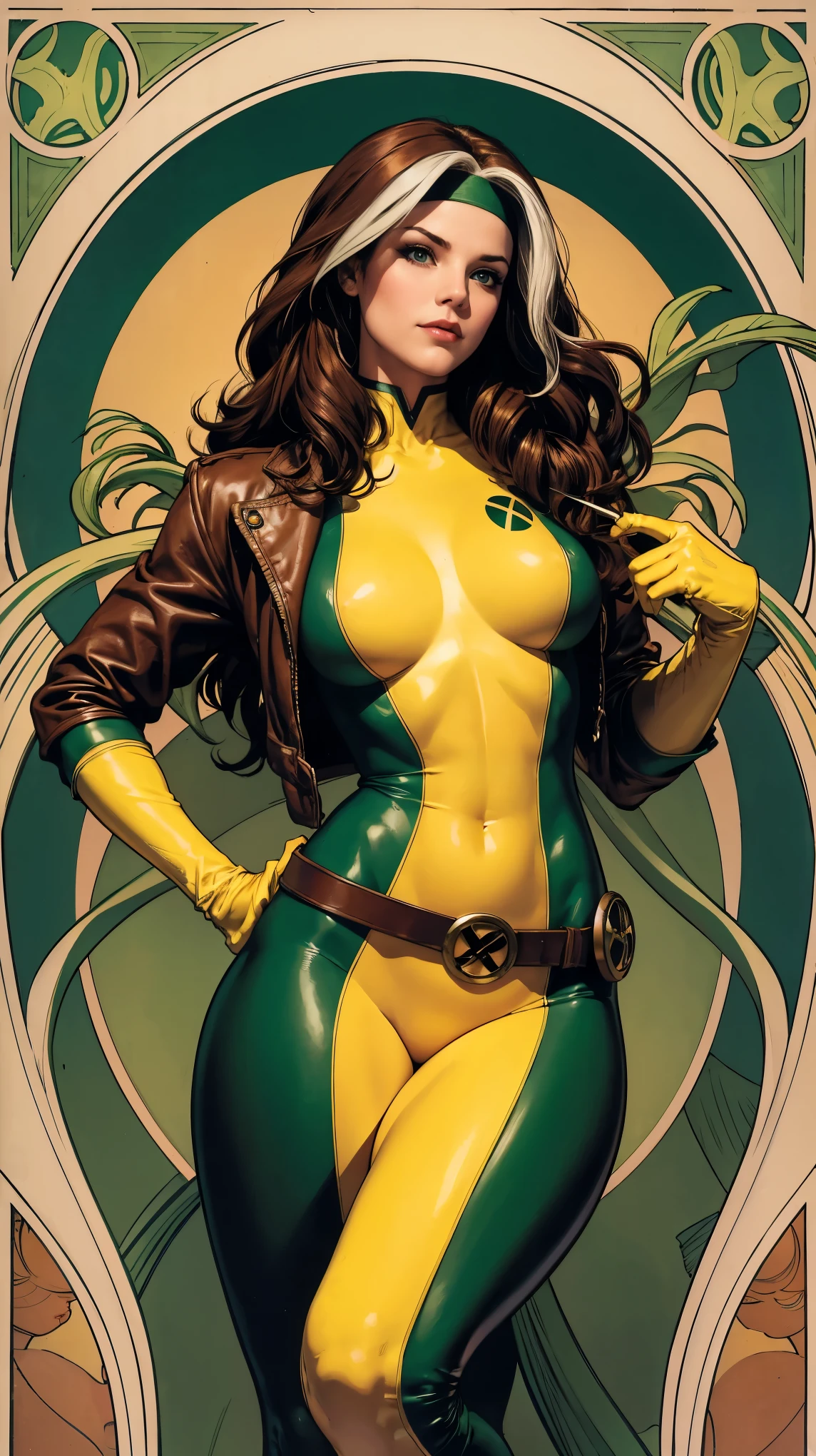 (masterpiece:1.0), (best_quality:1.2), Classic Rogue, 1991 Rogue X-Men, 1 girl, Only 1, full body view, medium length hair, auburn hair, wavy hair, messy hair, one lock of white hair, green eyes, mischievous look, smirking, fit figure, curvy figure, medium breasts, lipstick, makeup, jacket, green headband, belt, yellow gloves, skin tight bodysuit, open jacket, light source from above, (realism: 1.5), (Realistic: 1.4), (Absurdity:1.4), 8k, ultra-detailed, Detailed Beautiful Woman, (Art Nouveau style), influence by John William Waterhouse and Alphons Mucha, circles, banners, swirls, radial lines, art deco columns, background colors: green, gold, yellow, white, beige, brown. The name "ROGUE" centered on a flowing banner.