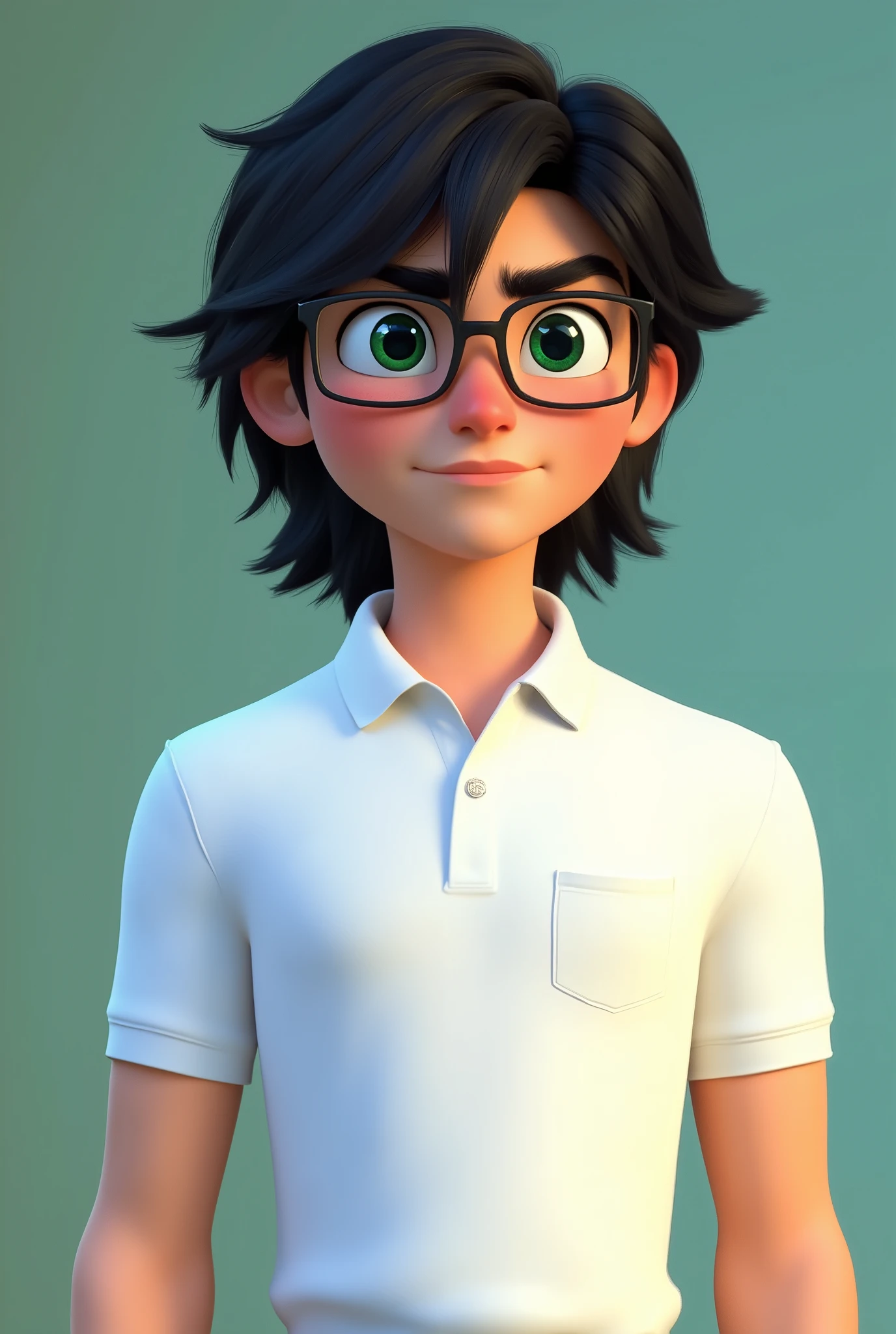 White man, around 18 years old, shoulder-length black hair, wearing prescription glasses, greenish eyes, dressed in a white polo collar with pocket without details on the chest, pixar-style image extending from the waist up