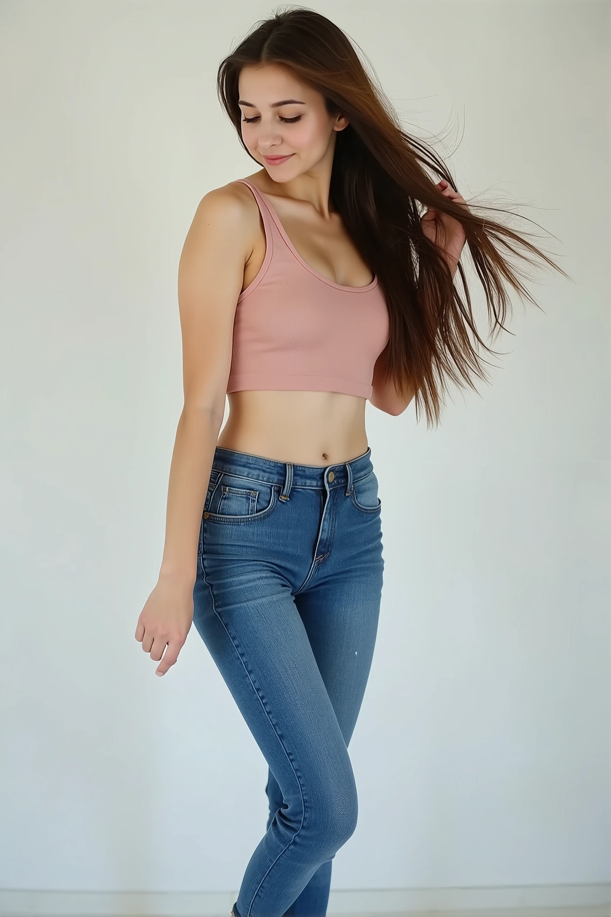 photograph of a girl, european, petite, slim, full body shot, dynamic pose, posing, wearing tight jeans, very long hair, cute top