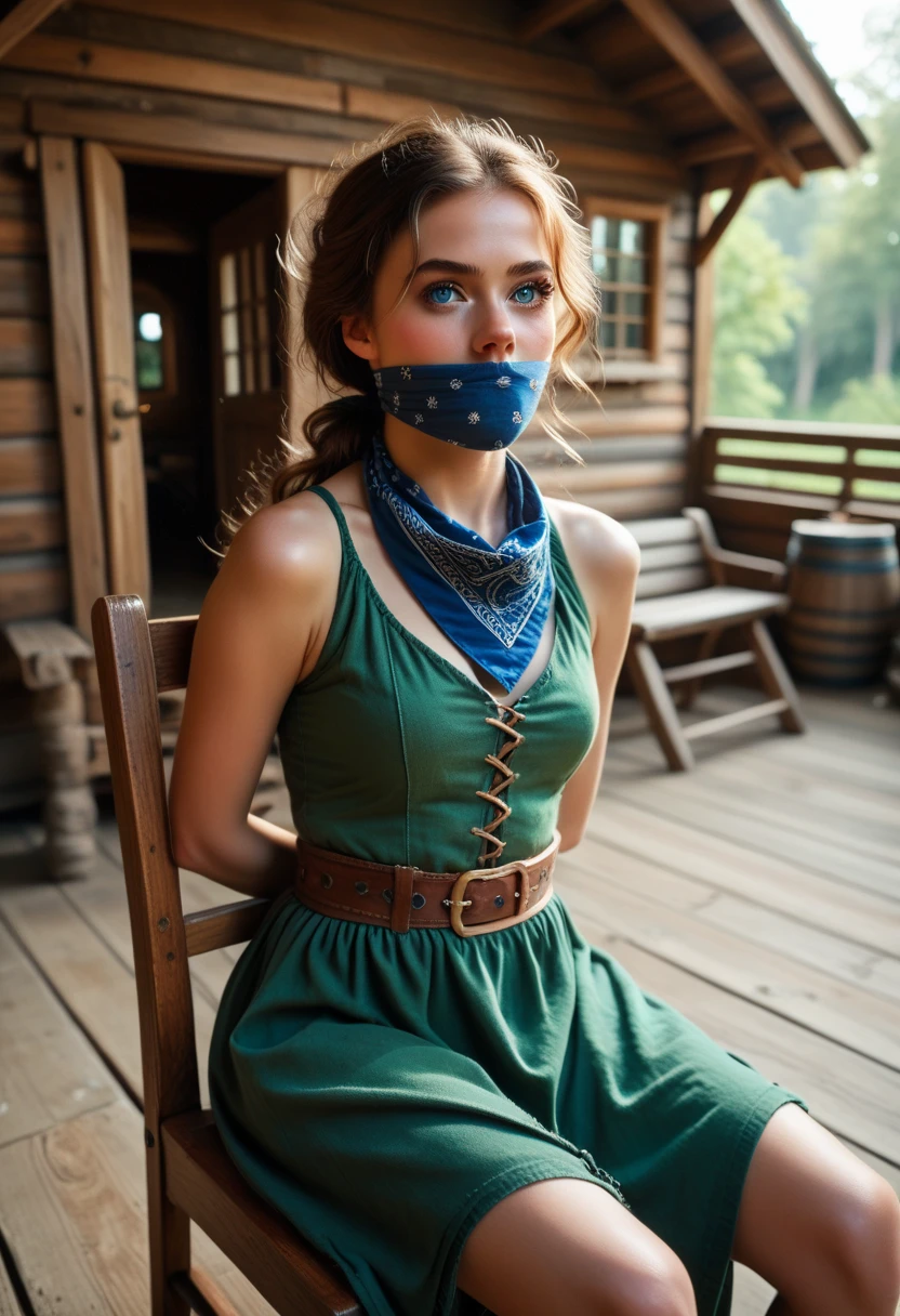 thirteen year old girl named luna in a fantasy movie, blue eyes, brown hair tied in princess style, captured,green tunic, chair bound in a log wooden cabin, gagged with a big bandana gag long eyelashes, gagged, damsel in distress, DID movie, , chair tied, captured by a bandit
