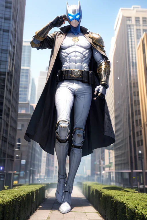 ((best quality)), ((masterpiece)), (detailed), 1 boy in a trench coat standing on a building, full body, 19 years old, masked, white mask covering his entire head and hair, mask, black protective glasses, blue eyes, black face mask, no hair, tall and slender, thin, long beige trench coat, open trench coat showing his emblem, black fingerless gloves, white wristbands, white superhero armor, white chest with emblem, luminous blue "I" letter emblem on chest, blue I-shaped emblem, letter I, black pants, white knee pads, metallic white shoes, superhero belt, nanotechnology in the air, city background, anime