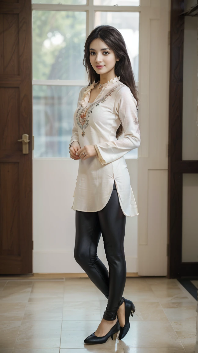 21 yo women Ananya Pandey wearing kurta jeggings dress body fit clothes on bad Leaning backwards shows the waist perfect ???????, ultra detailed face and eyes, ultra sharp HDR, realistic realism, 8k
