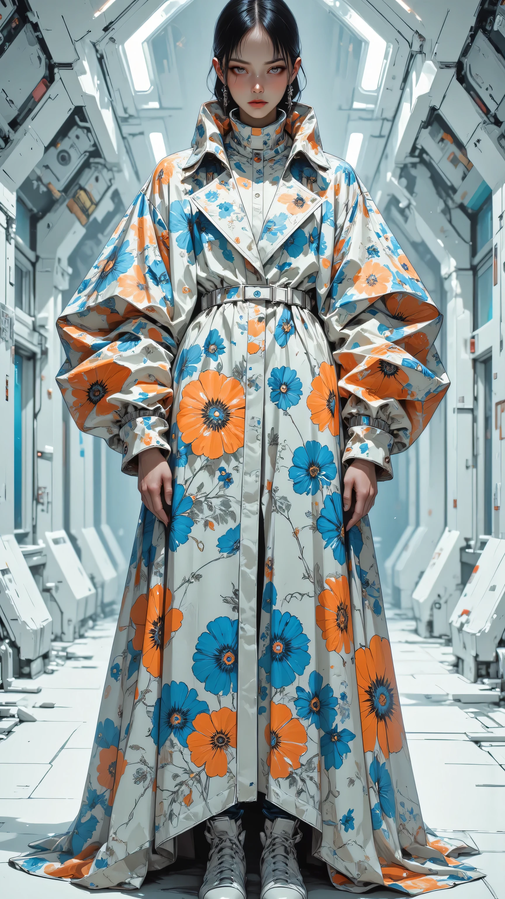 A woman wears an extremely voluminous coat with a baroque print made up of blue and orange flowers. The model displays a serious expression and is in a predominantly white retro-futuristic design room. The scene is hyper-realistic, high quality, with an emphasis on textures and details, capturing the essence of a fashion editorial.