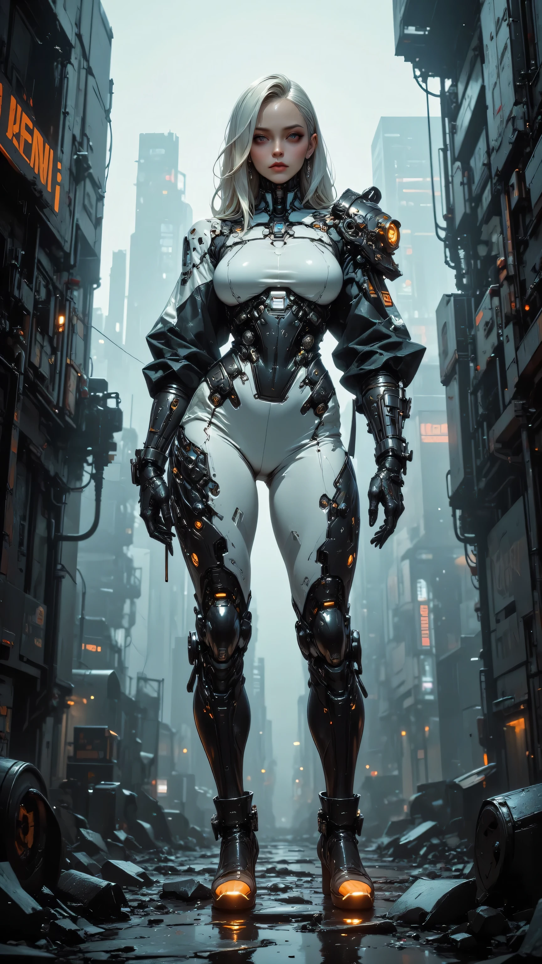 female android, sleek white and black bodysuit, cyberpunk city background, fog, industrial setting, high-tech robotic design, platinum blonde hair, standing pose, detailed armor plates