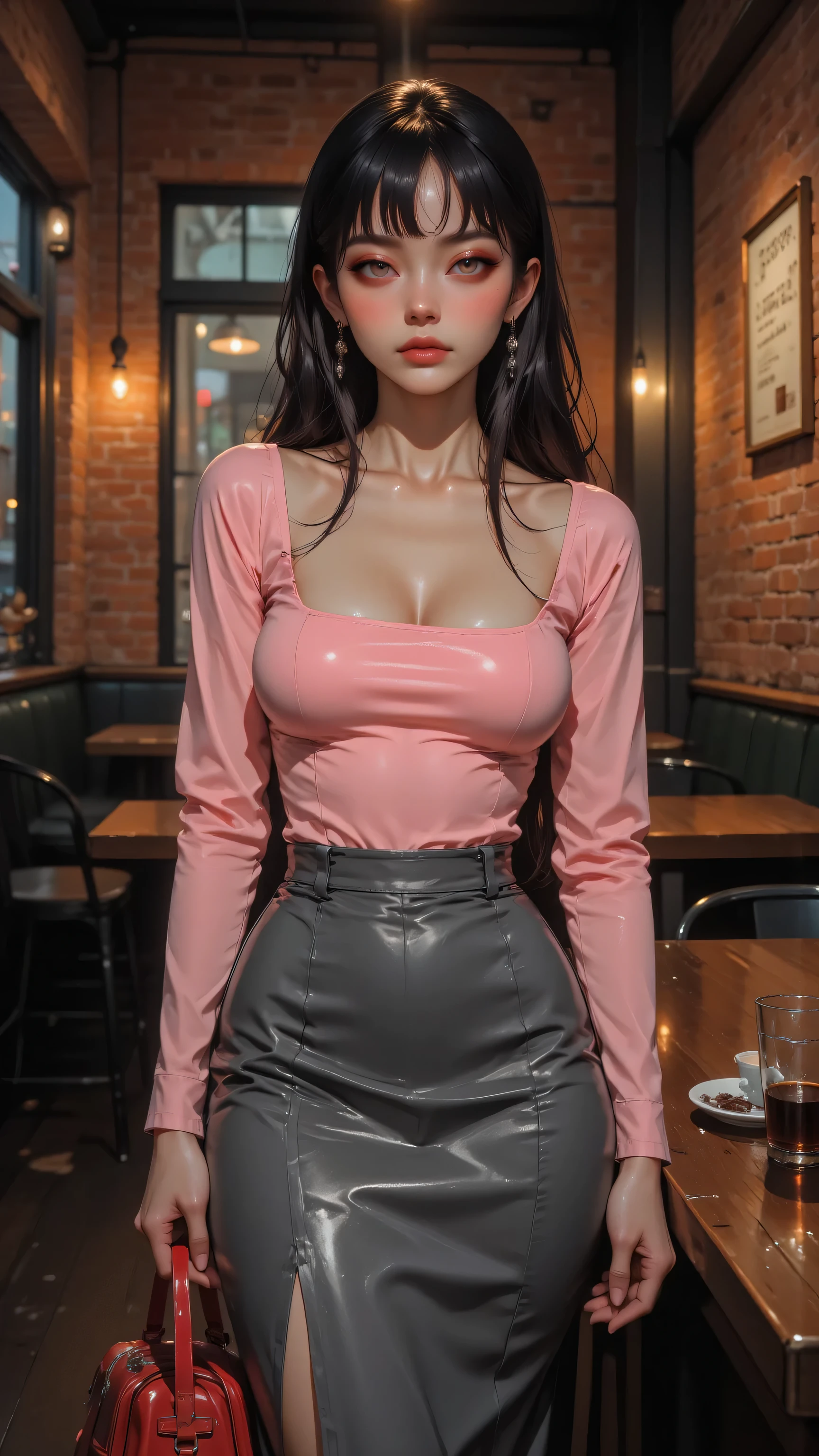 Araffe woman in a pink top and grey skirt posing for a picture - SeaArt AI
