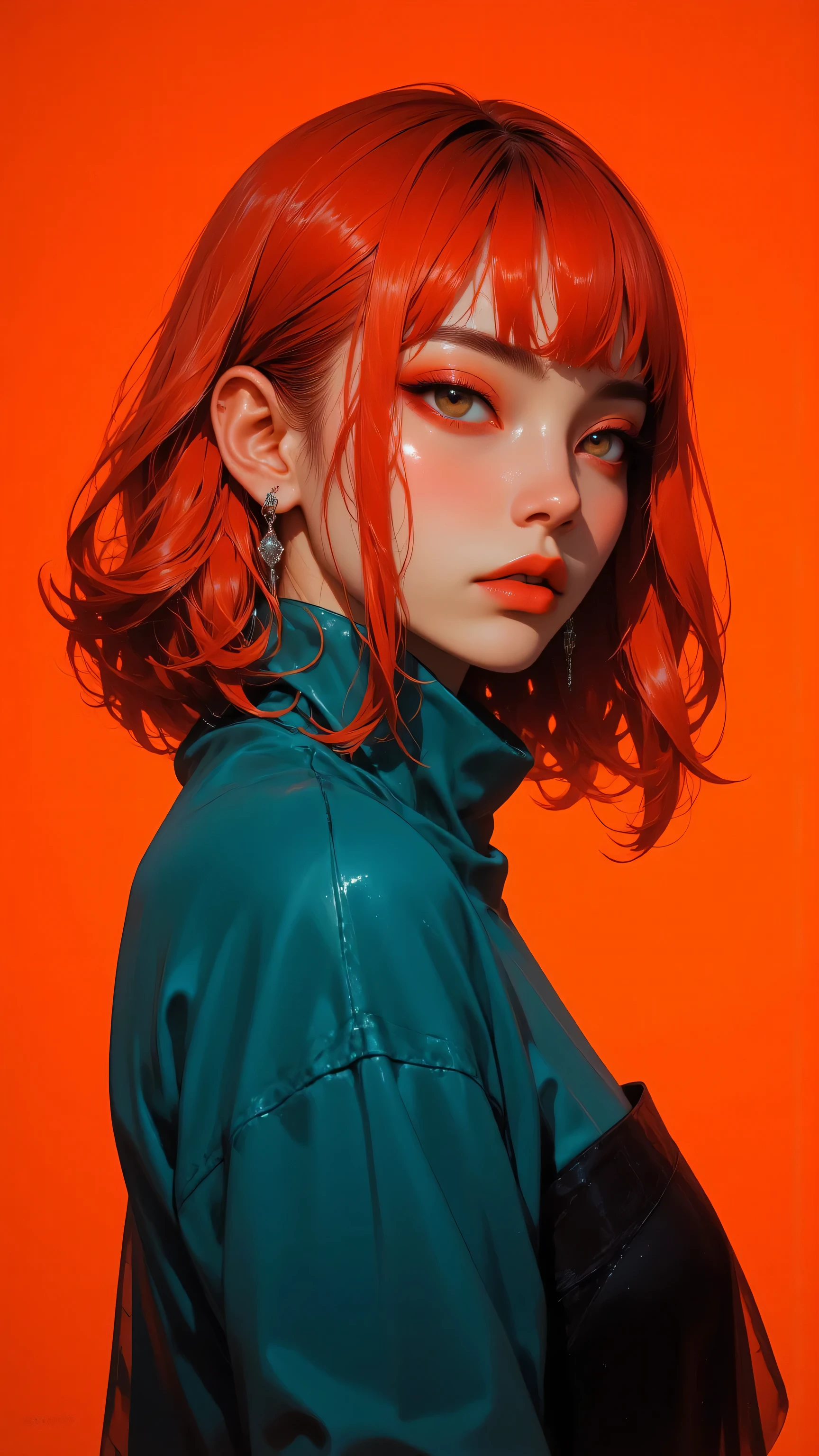 A close up of a woman with red hair and a green jacket - SeaArt AI