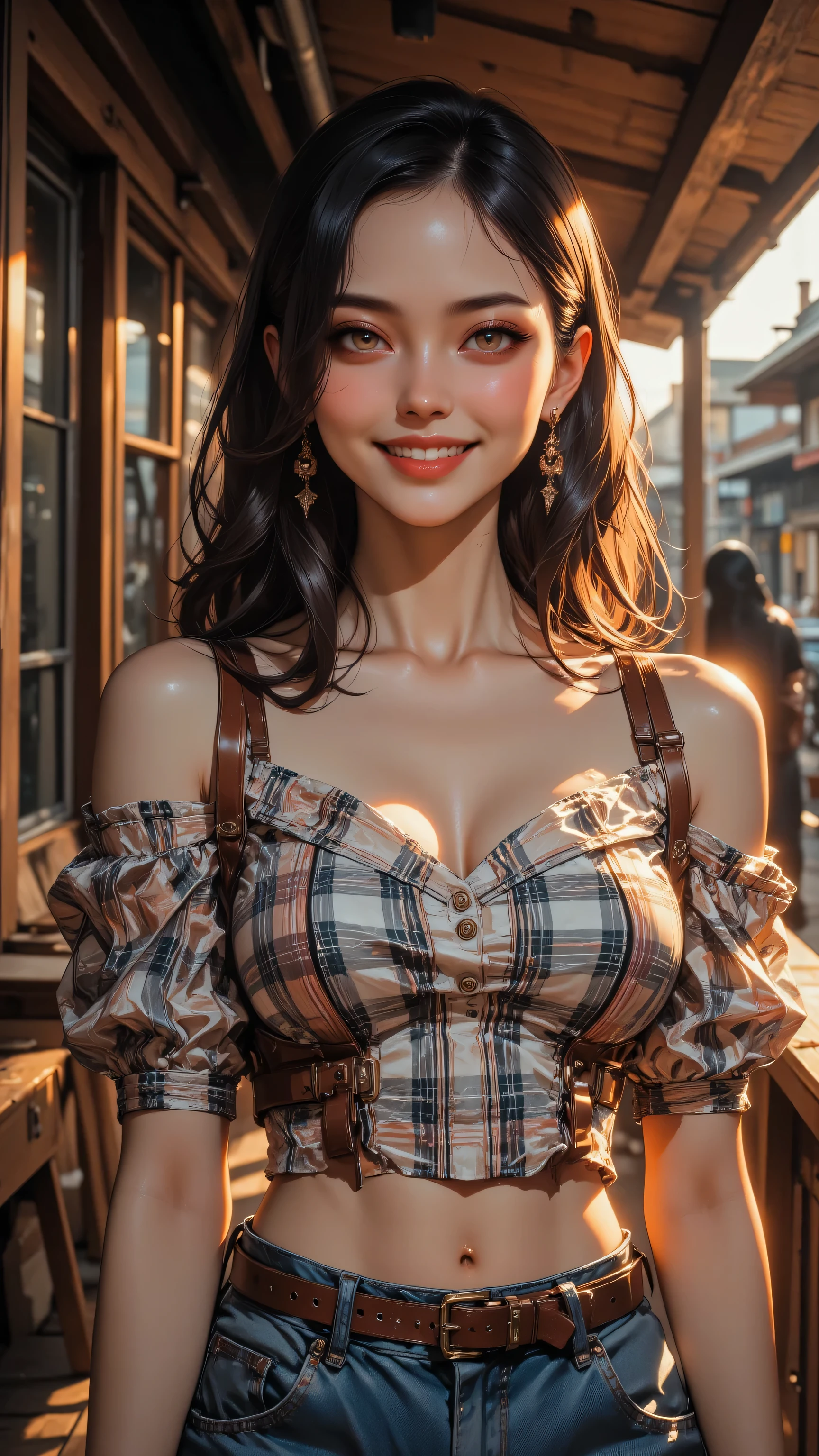 8k, masterpiece, highest quality, Asian woman, shoulder-length wavy hair, bright smile, off-shoulder plaid shirt, blue jeans, brown belt, outdoor setting, wooden structure, bokeh background, natural lighting, portrait photography, warm tones, candid pose, cheerful expression, fashion portrait, depth of field