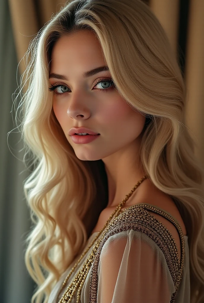 photo of young and beautiful woman, blonde hair that falls gently in waves up to the shoulders, average height, big green eyes, fair skin, she's in her pajamas, she's in her bed, doing skin care before bed, The environment is illuminated with lights of warm and pleasant colors making your hair shine, your face is naturally serene, lips with red lipstick, Texture 8K, highly detailed, realistic, soft Cinematic Light, HDR, sharp fokus, masterpiece, photorealistic, photography award-winning, Canon EOS R5, 35mm
