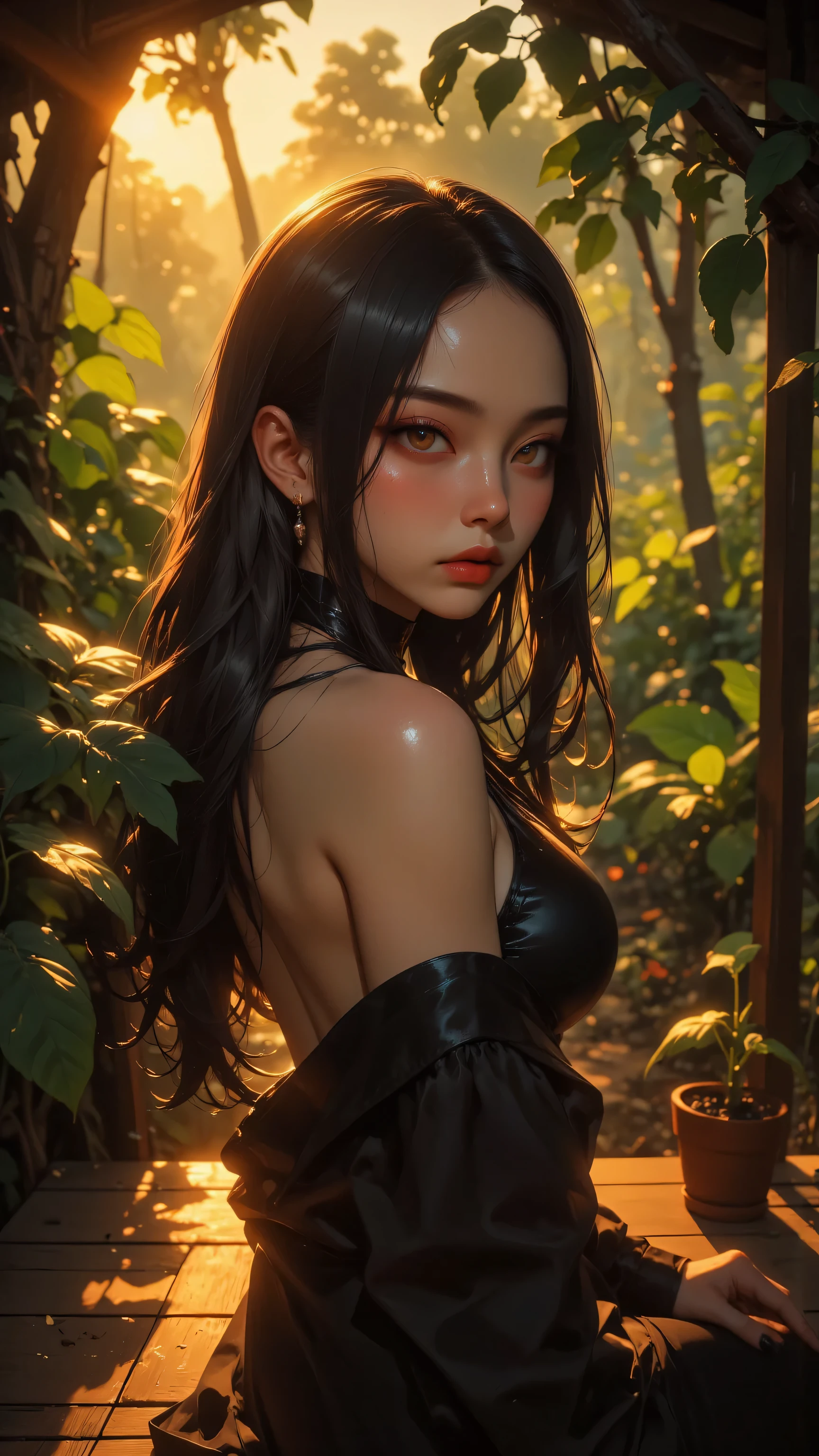 8k, masterpiece, highest quality, Asian woman, long black hair, red lipstick, black choker top, wooden platform, tropical foliage, golden hour lighting, bokeh background, rustic setting, fashion portrait, soft focus, warm tones, natural beauty, cinematic style, 85mm lens, shallow depth of field