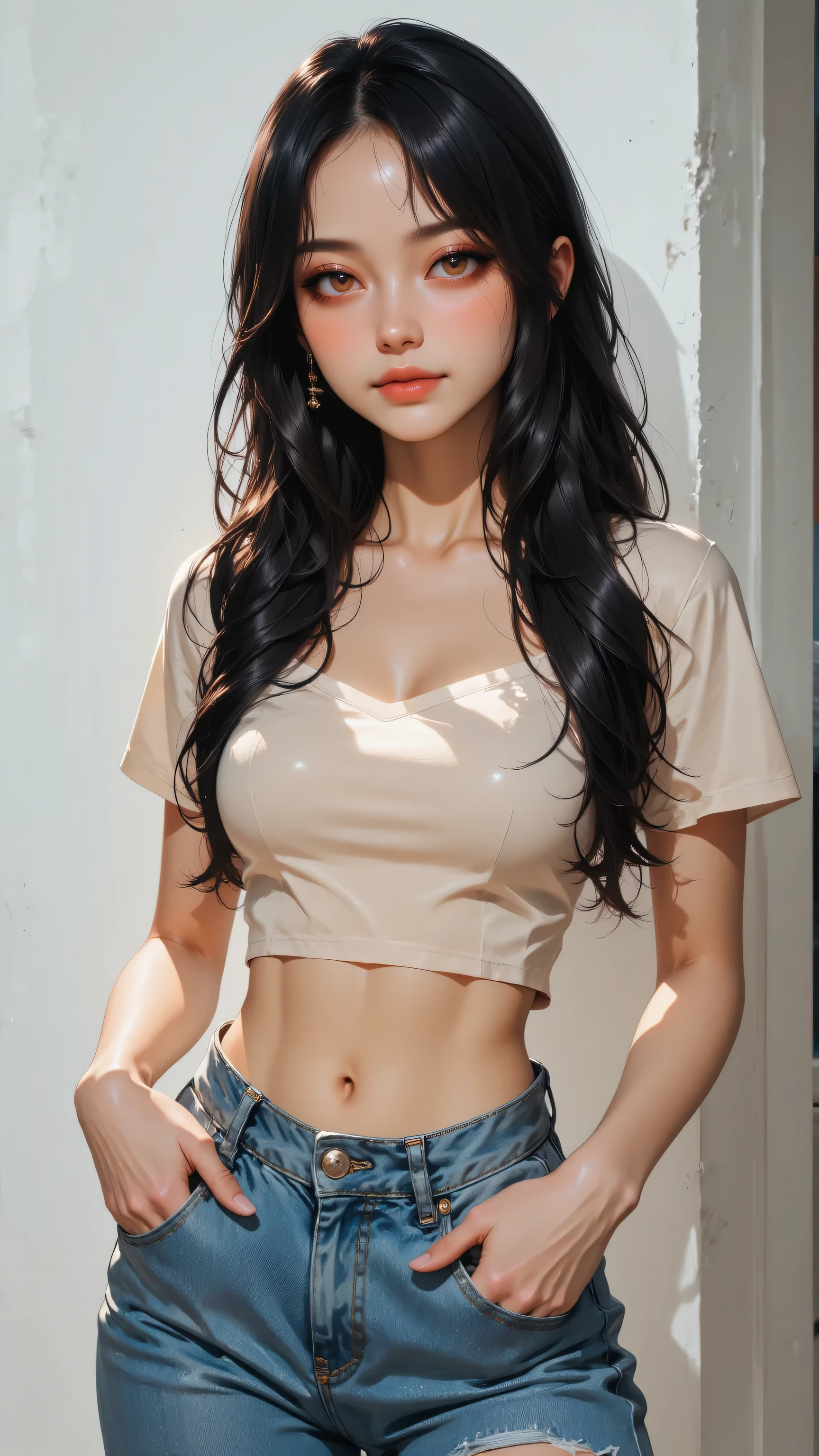 8k, masterpiece, highest quality, Asian woman, long dark hair, beige crop top, blue jeans, slim figure, warm smile, natural makeup, indoor portrait, soft lighting, casual style, confident pose, youthful appearance, wavy hair, toned midriff, fashion photography, high-contrast image, white wall background, candid expression