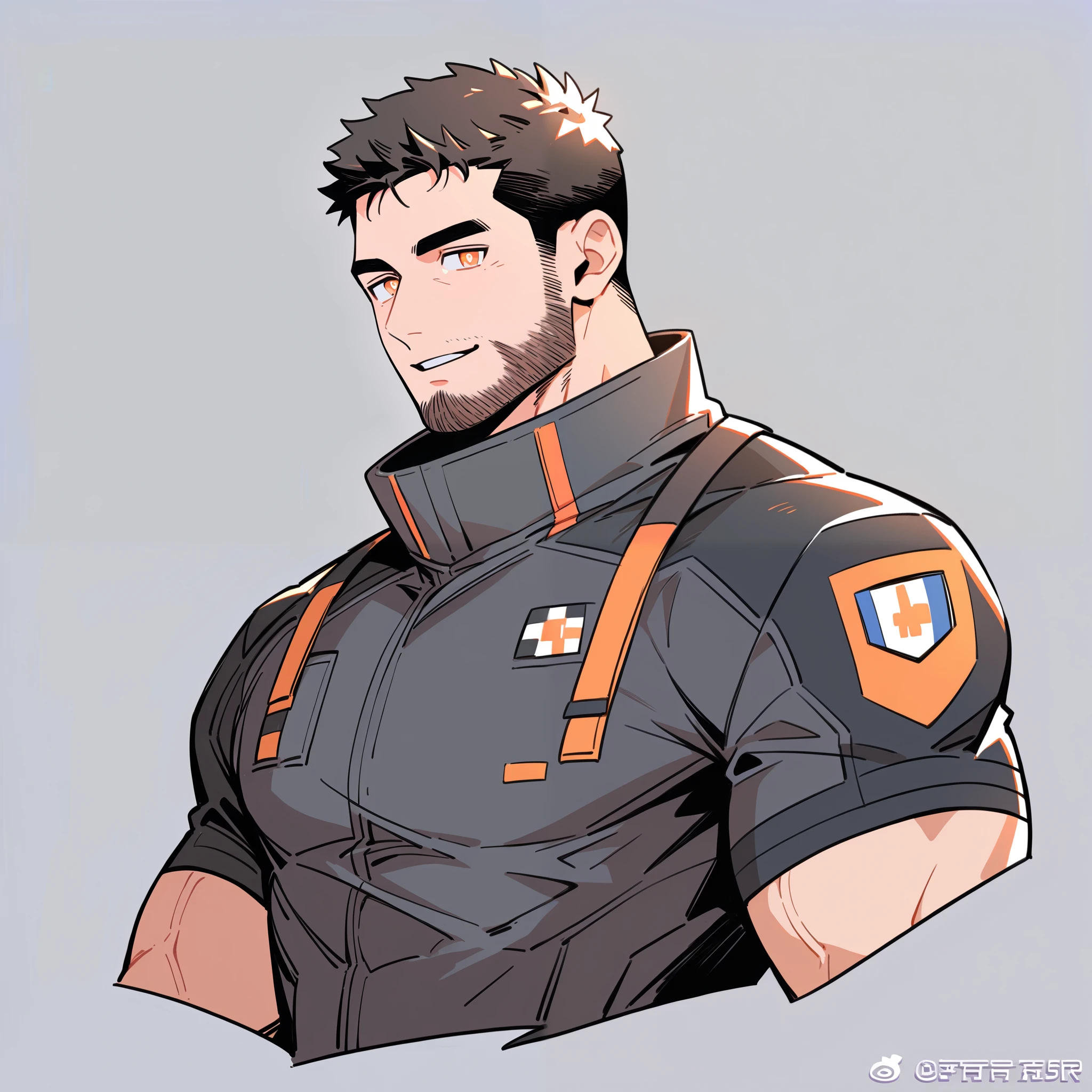 anime characters:Chris Redfield, Muscle Space Ranger, Buzz Cut, Manliness, male focus, black short sleeve outfit, black clothes, black boots, cargo pants, only, full and perky chest muscles, The pectoral muscles are oversized, muscular male, muscular, only, Upper body, alone, Black short hair, Thick eyebrows, black beard, thick beard, orange pupils, Grey background, simple background, amazing quality, best aesthetics, Ridiculous, parted lips, bright pupils, seductive smile, best quality