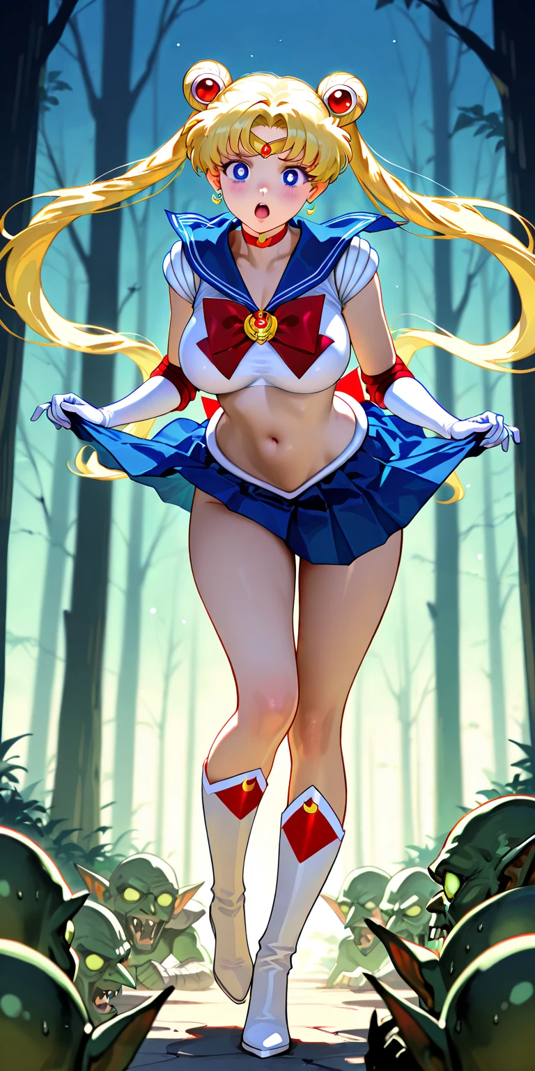 ((Sailor Venus:1.3)), ((Yellow mini skirt:1.3)), ((Red ribbon in hair:1.3)), ((highest quality, High resolution, Hmph, Perfect Pixel, 16K, Hmph, Hmph))), One Girl, single, alone, Beauty、((The whole body is visible:1.5))、((Detailed face, Blushing:1.2)), ((Smooth texture:0.75, Realistic texture:0.65, Realistic:1.3, Anime CG Style)), Medium chest, Dynamic Angle, Perfect body,garden、Very embarrassing panic smile、、Angle from below, Thick lips, ((Showing panties:1.3)), Perfect Fingers:1.5