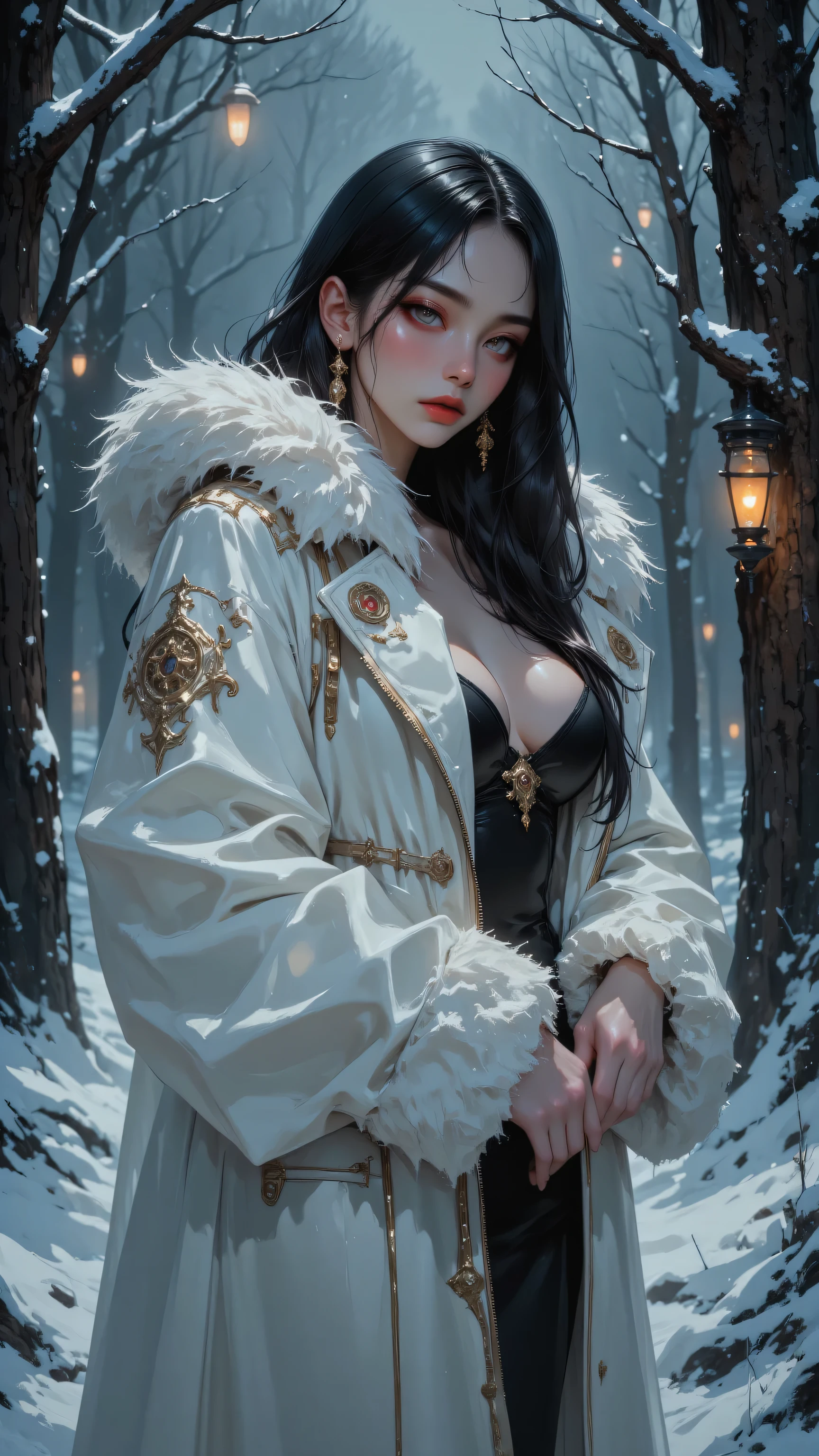 gothic reindeer girl,(((1girl))),((extremely cute and beautiful black haired anime gothic reindeer girl)),
(((anthro furry:1.2), Playboy_Reindeer, reindeer_antlers,(huge antlers:1.2),)),(large breasts:1.4),saggy breasts,((((black curly hair:1.35,medium hair,colored inner hair,ear breathing)))),(((red eyes:1.3))),intricate eyes,beautiful detailed eyes,symmetrical eyes,big eyes:1.5,((fat)),(((lustrous skin:1.5,bright skin: 1.5,skin tanned,shiny skin,very shiny skin,shiny body,plastic glitter skin,exaggerated shiny skin,illuminated skin))),(spider lower abdomen,narrow waist,wide hip,athletic body,inflated legs,delicate detailed fingers,detailed body,detailed arms,human hands,(detailed face)),
cute,slutty,seductive,erotic,(((nsfw))),
zettai ryouiki,revealing clothing,show skin,(((Sexy goth fur coat, goth fur coat outfit, wearing a goth fur coat:1.3,dark red winter coat))),((red goth mini-skirt,red goth mini skirt with furry edge,visible thong straps)),(red gothic clothes,semi-naked,with little goth clothing),((((Black Eyeshadow,Thick Black Eyeliner,Long Dramatic Eyelashes,Black Lips,moon Accessories,ravens ornaments)))),((ravens on her clothes)),(((intricate outfit,intricate clothes,embroidered outfit,ornate outfit))),
(dynamic pose:1.0),embarrassed,(centered,scale to fit dimensions,Rule of thirds),
((snowy pine forest at night)), with dark stormy clouds,winter,scenery:1.25,((snow forest background)),Christmas tree,
highres,sharp focus,(ultra detailed,extremely detailed),(photorealistic artwork:1.37),(extremely detailed CG unity 8k wallpaper),(((vibrant colors,vibrant theme))),(intricate),(masterpiece),(best quality),