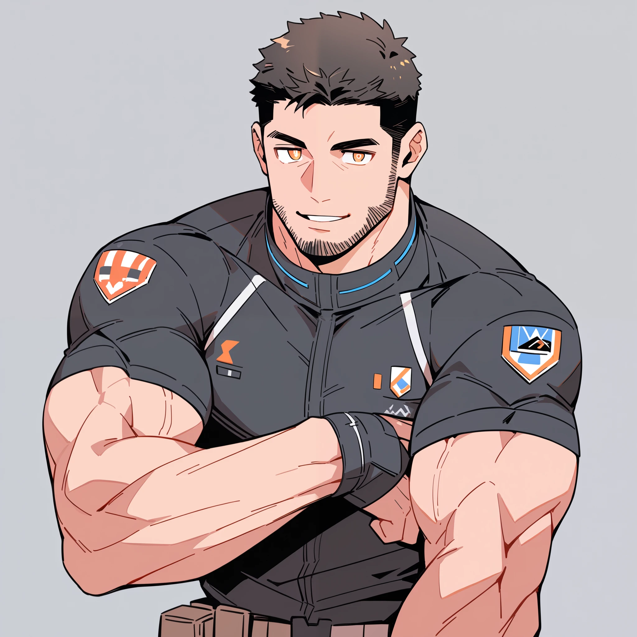 anime characters:Chris Redfield, Muscle Space Ranger, Buzz Cut, Manliness, male focus, black short sleeve outfit, black clothes, black boots, cargo pants, only, full and perky chest muscles, The pectoral muscles are oversized, muscular male, muscular, only, Upper body, alone, Black short hair, Thick eyebrows, black beard, thick beard, orange pupils, Grey background, simple background, amazing quality, best aesthetics, Ridiculous, parted lips, bright pupils, seductive smile, best quality