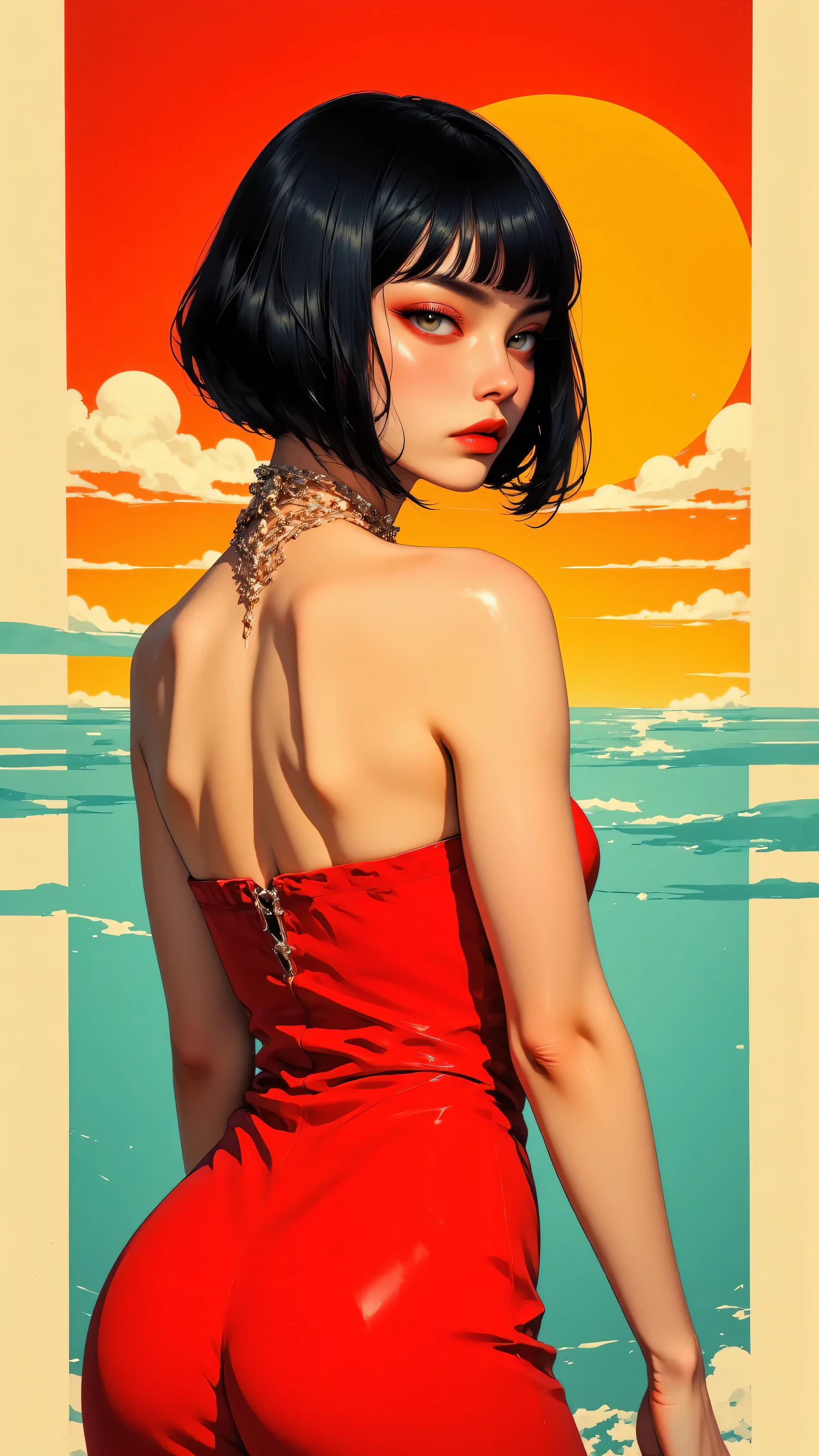 8k, masterpiece, highest quality, Close-up, three-quarter view, dark bobbed hair, red lipstick, defined eyes, serious expression, form-fitting strapless red dress, delicate necklace, back view, accentuated figure, stylized graphic background, horizontal bands, red, yellow, teal, simple cloud shapes, vintage glamour, retro-inspired.