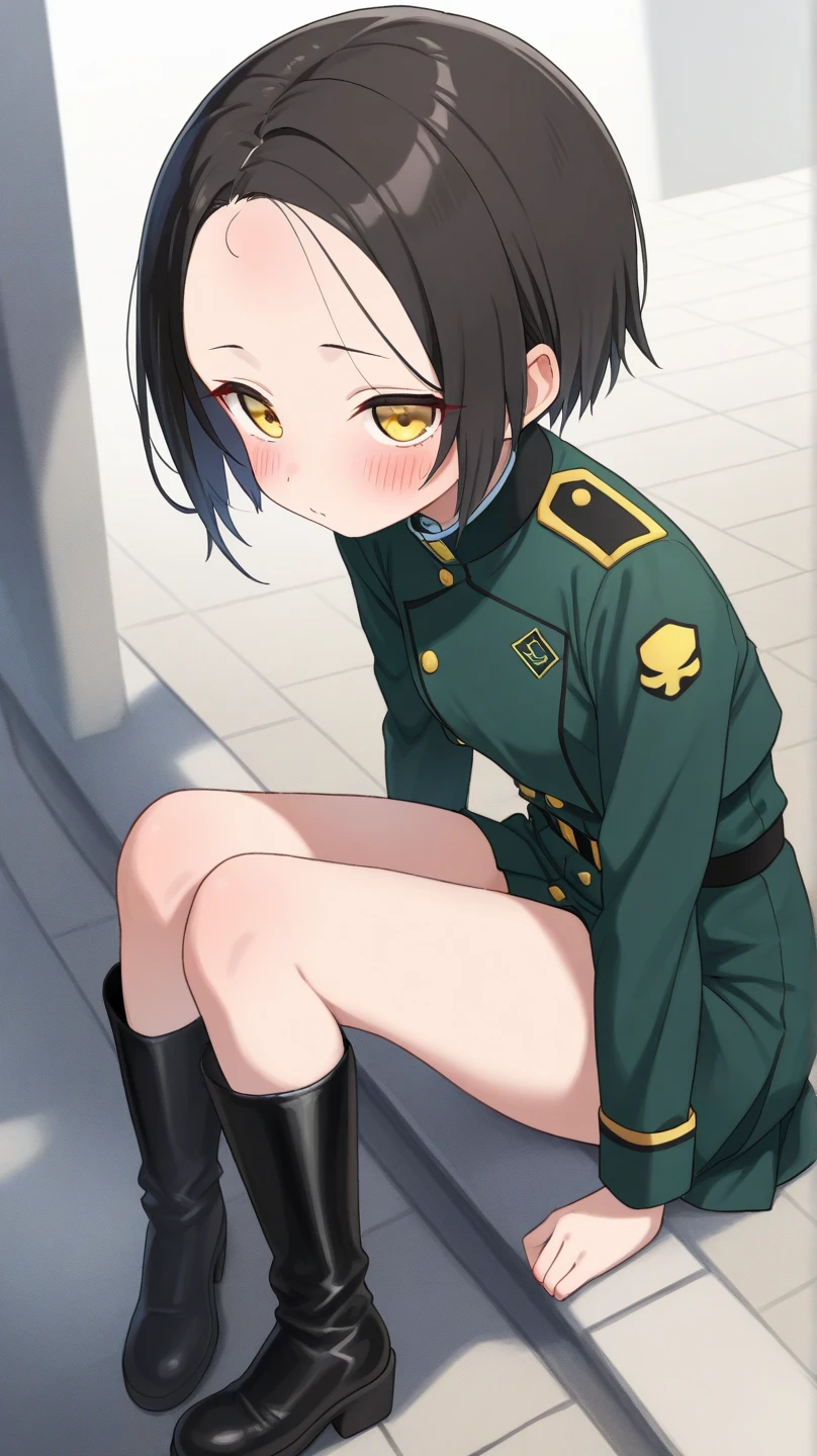 beautiful, masterpiece, best quality, 1girl, kino, belt buckle, black hair, green eyes, hair between eyes, kino no tabi, squatting, legs spread, short hair, solo <lora:my_KinoKinoNoTabi_v1:0.65>