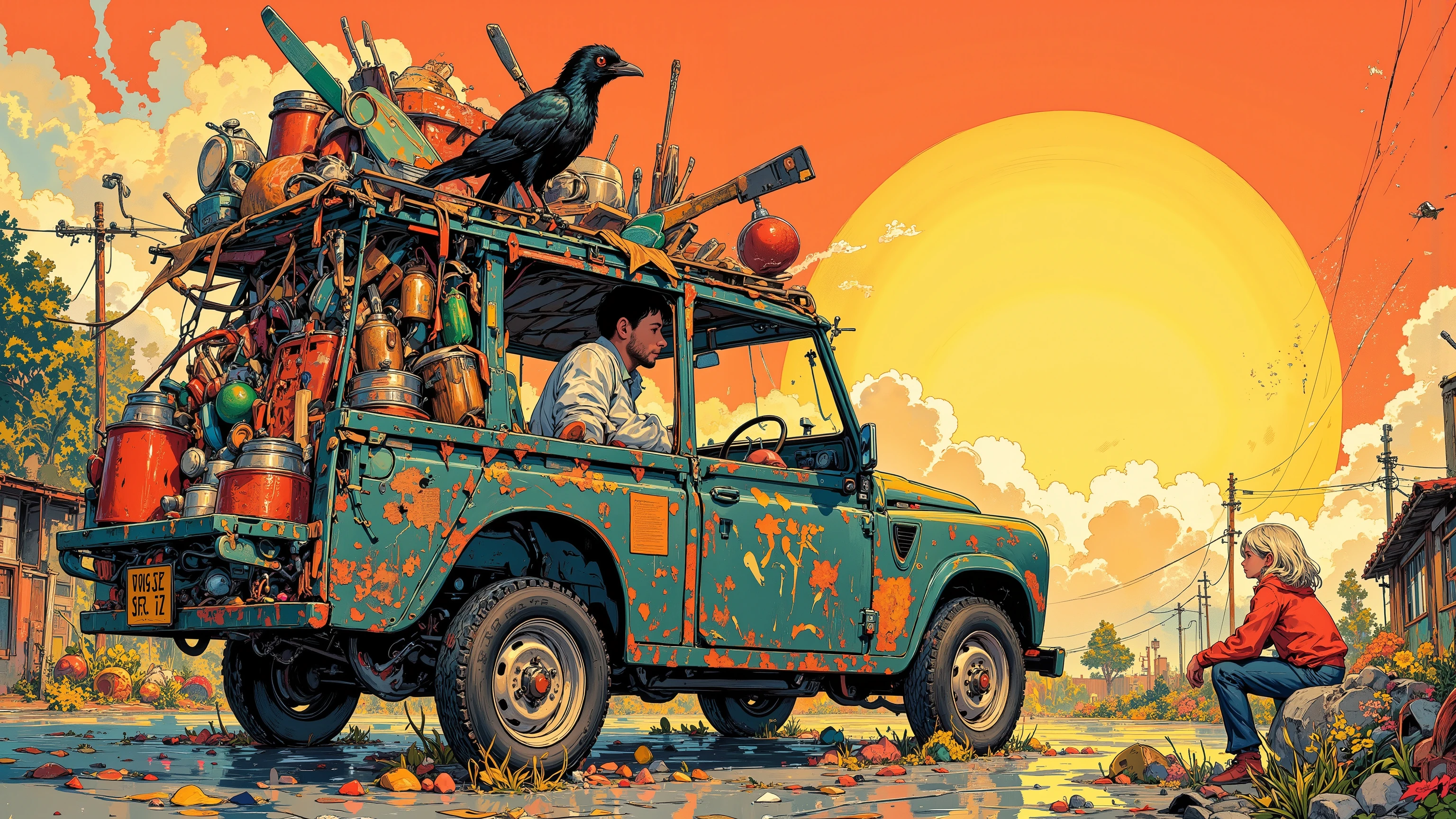 ((masterpiece, best quality, amazing quality, very aesthetic, newest)), (A thin, bearded man drives a rundown car loaded with cooking utensils, a bed and other household items), (A girl with messy hair is lying on the rubbish, a crow on her head), (Comical Comic Art, A big sun sets over the horizon)