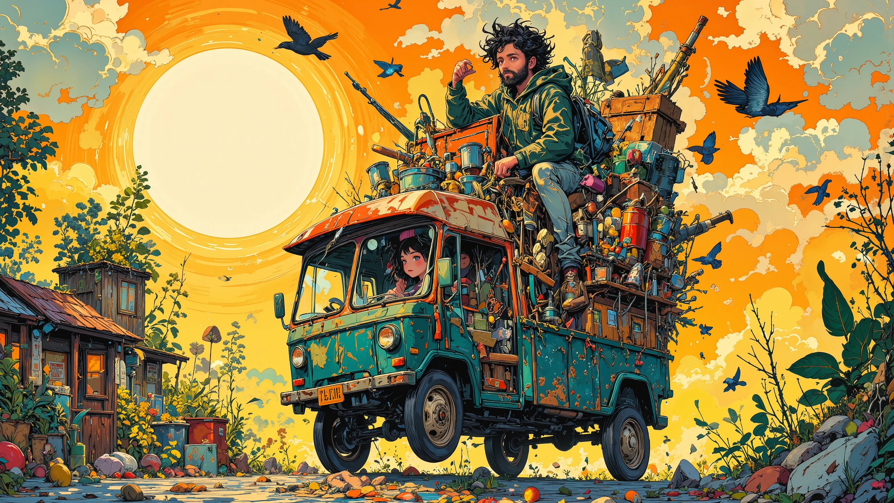 ((masterpiece, best quality, amazing quality, very aesthetic, newest)), (A thin, bearded man drives a rundown car loaded with cooking utensils, a bed and other household items. He is singing a song with a happy look on his face, bearded man whose body resembles that of a dead tree), (A girl with messy hair is lying on the rubbish, eating an apple, with a crow on her head), (Comical Comic Art, A big sun sets over the horizon)