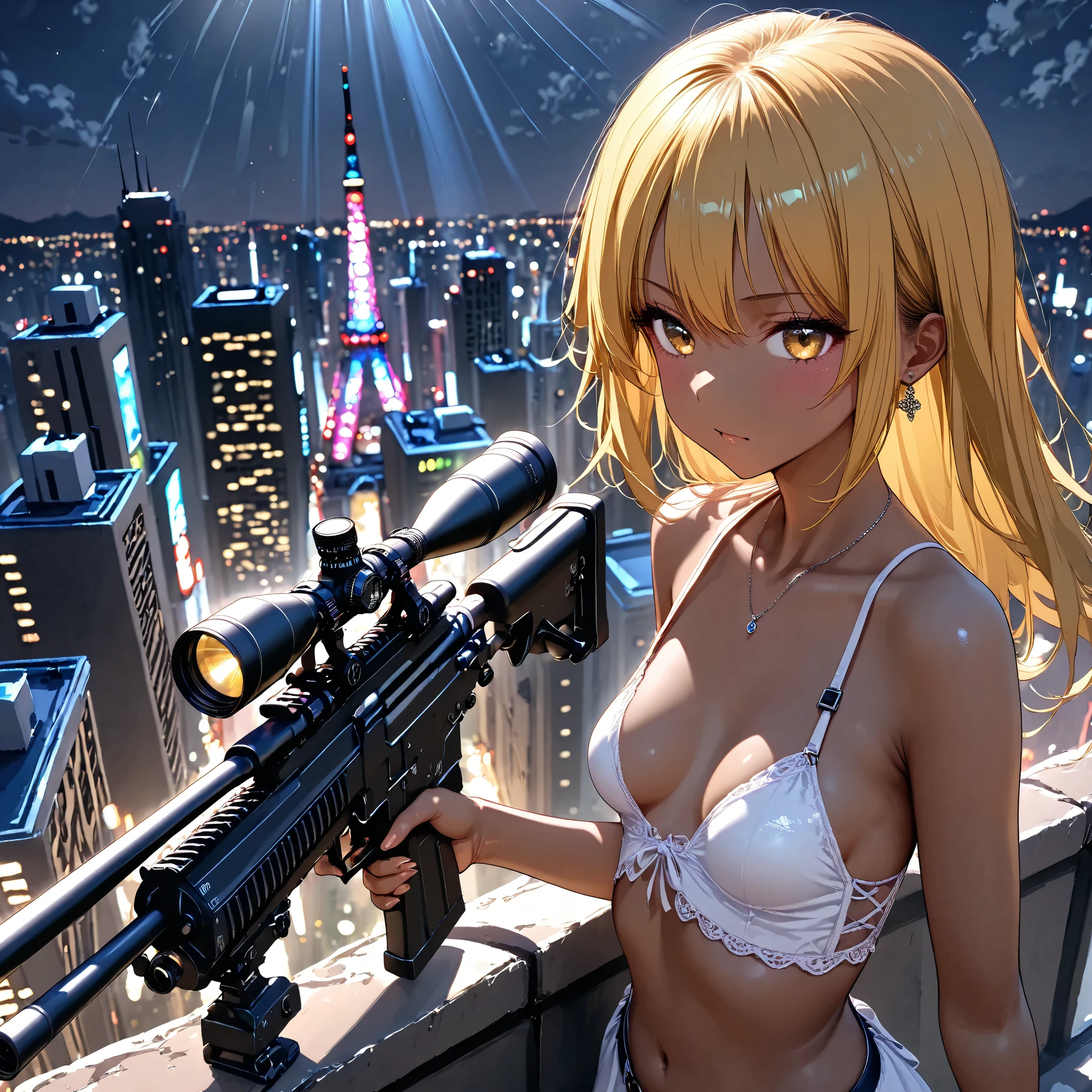 1 girl is having a shootout, sniper ライフル、 sniper 、 Special Forces 、 Brown skin , small breasts, yellow hair , top quality, textured skin, Read more 、 movie light effect , Summit、 Big City Night View
