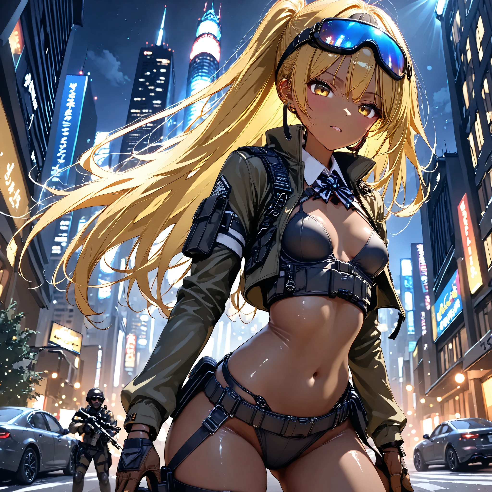 1 girl is having a shootout, sniper ライフル、 sniper 、 Special Forces 、 Brown skin , small breasts, yellow hair , top quality, textured skin, Read more 、 movie light effect , Summit、 Big City Night View