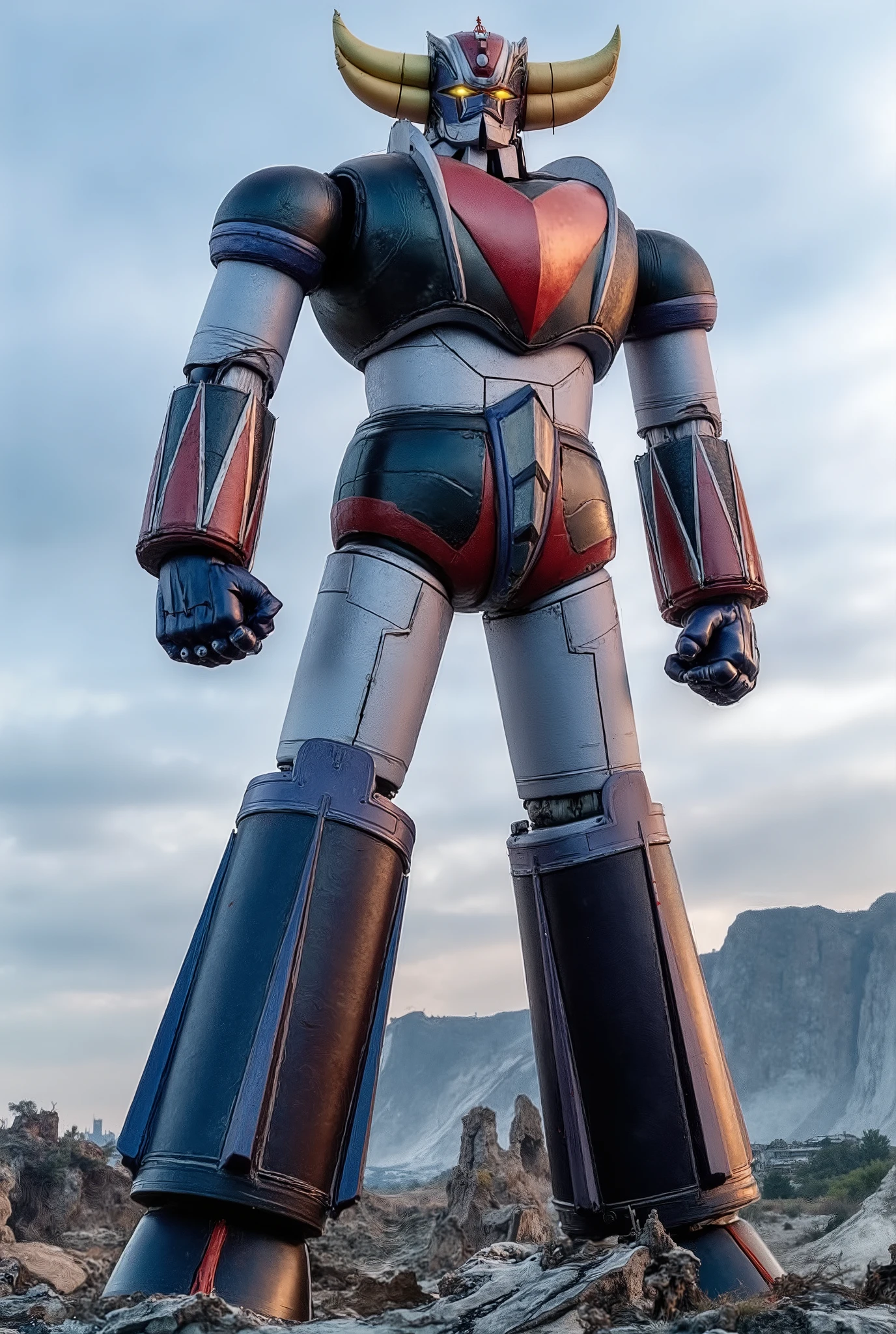 The iconic features such as the highly restored invincible bronze  ,  38 m high in the front position  .  ， Constructed with modern materials such as steel  ,  Carbon fiber ,  Other industrial elements are also visible ,  Like the real thing ,   Beautiful Appearance  . , Bolt ,    Realistic Texture   , The limbs are black .   breastplate and head have been carefully reproduced.   set on the battlefield  ,   GOLDORAK stands on the remains of a machine beast  ,  Bathed in natural light 、  megastructure，Highlighted with realistic shadows  . 